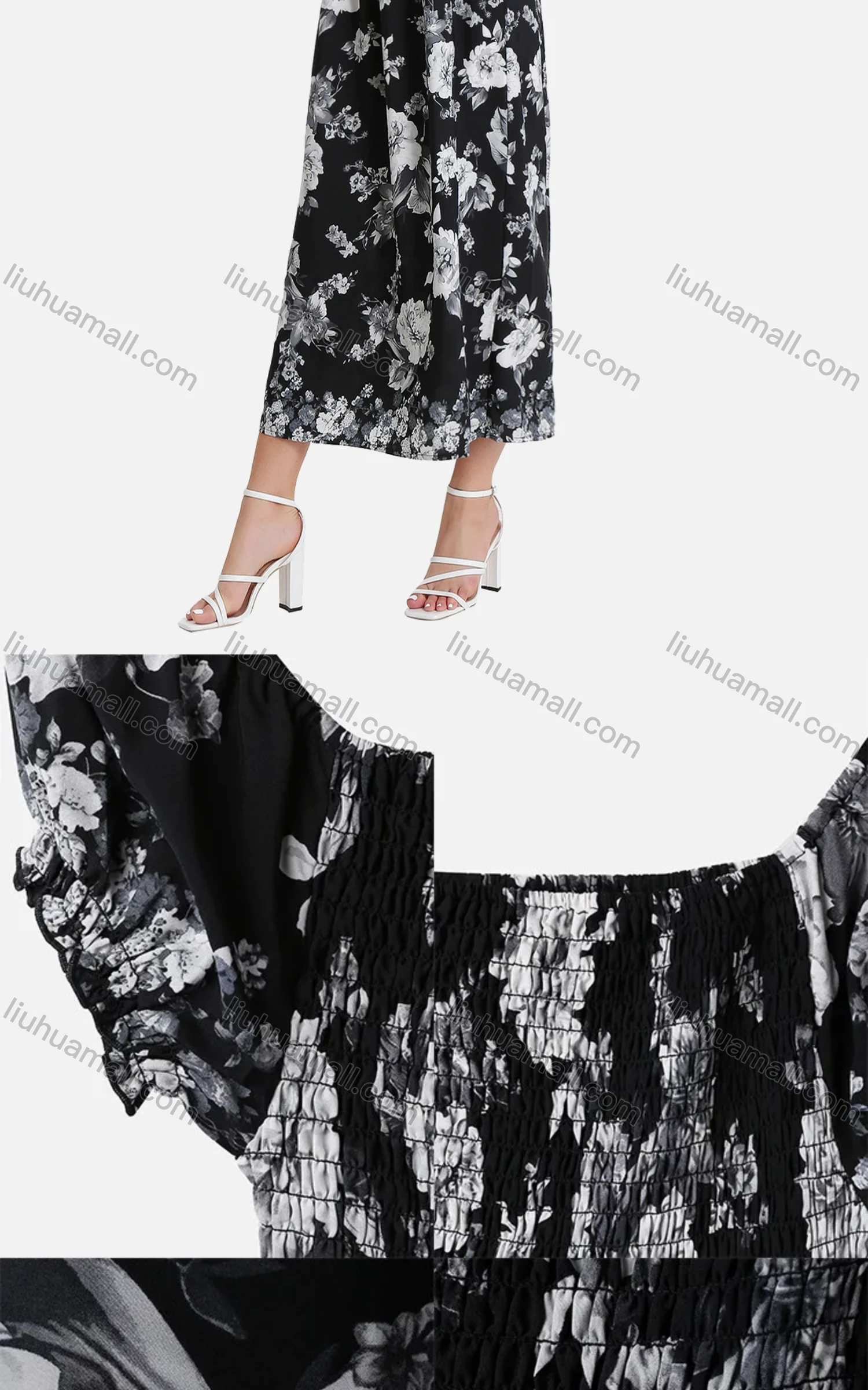 Wholesale Women's Casual Floral Print Off Shoulder Shirred Puff Sleeve Ruffle Hem Maxi Dress FL8071# - Liuhuamall