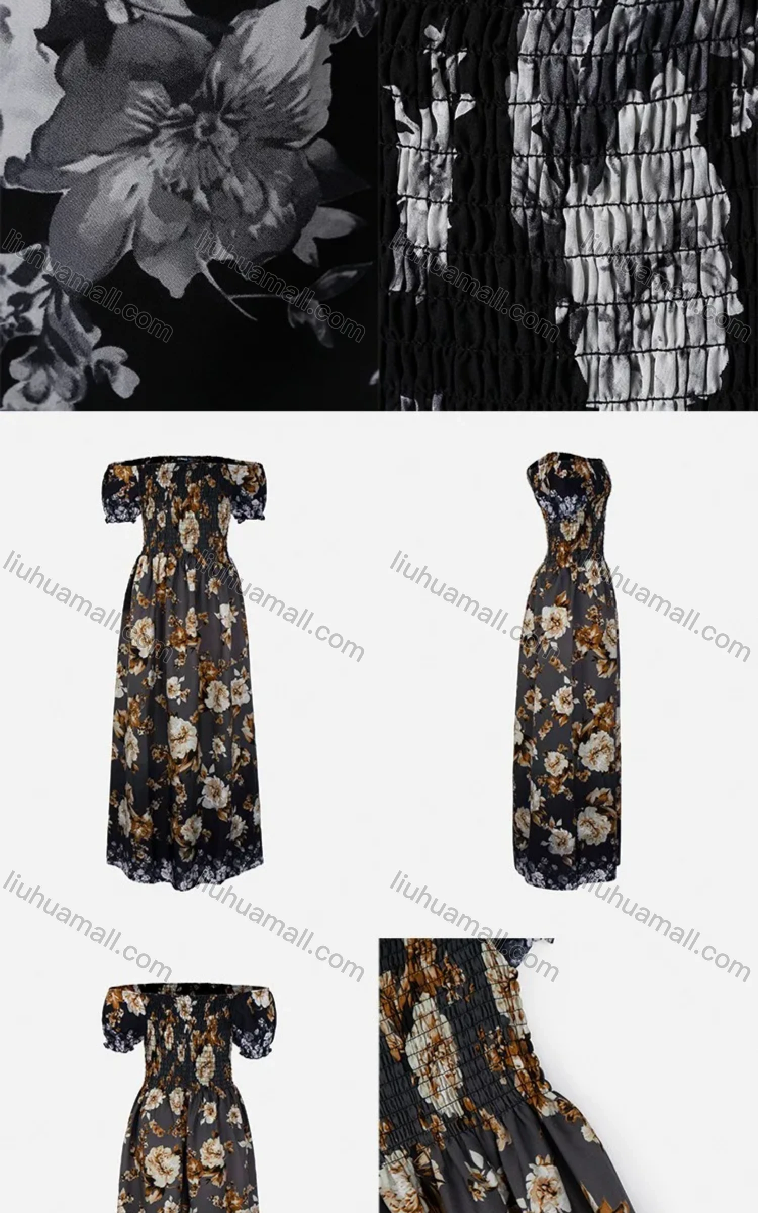 Wholesale Women's Casual Floral Print Off Shoulder Shirred Puff Sleeve Ruffle Hem Maxi Dress FL8071# - Liuhuamall