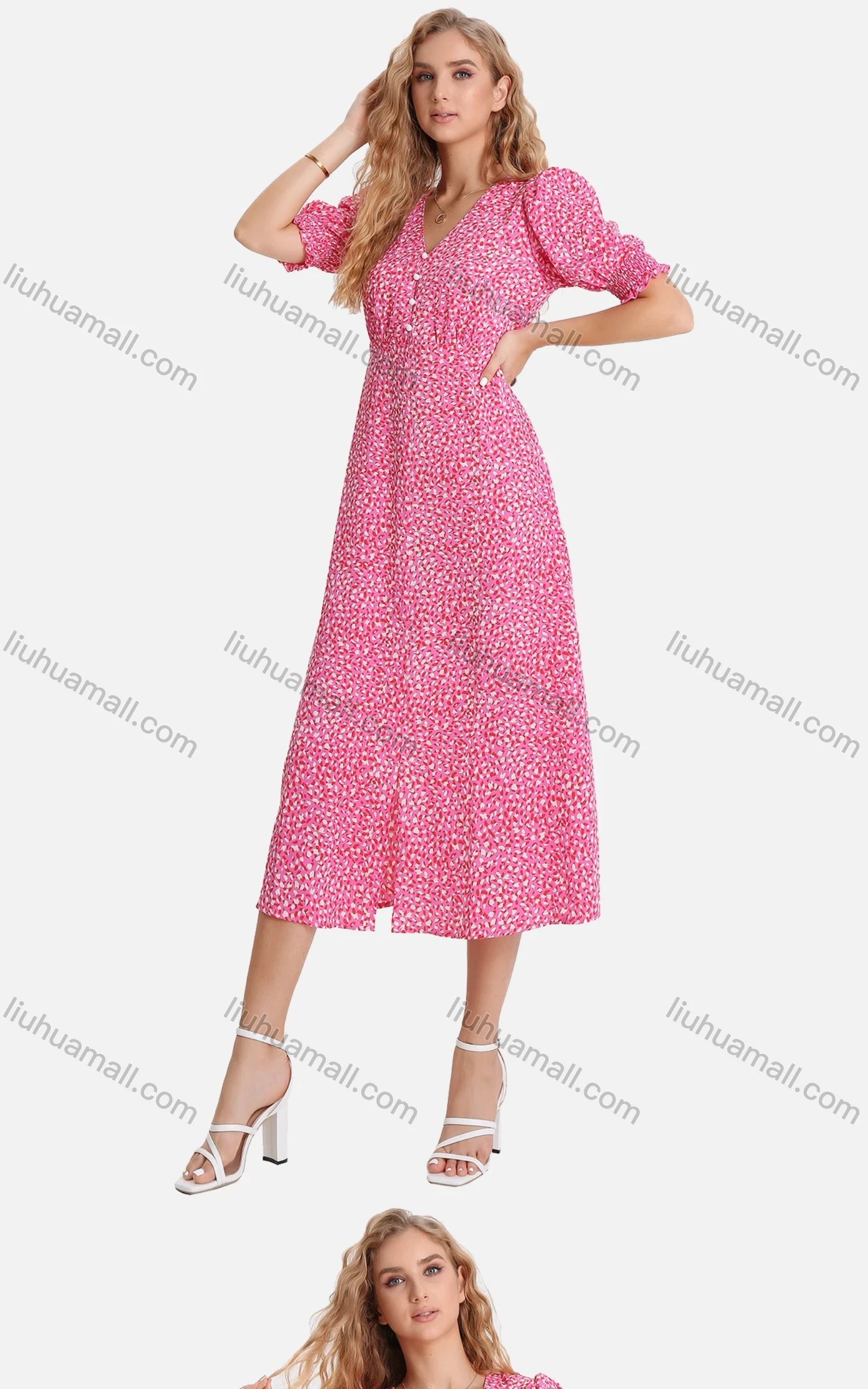 Wholesale Women's Casual Allover Print Ruched Ruffle Trim Button Decor V Neck Split Hem Midi Dress FL8070# - Liuhuamall