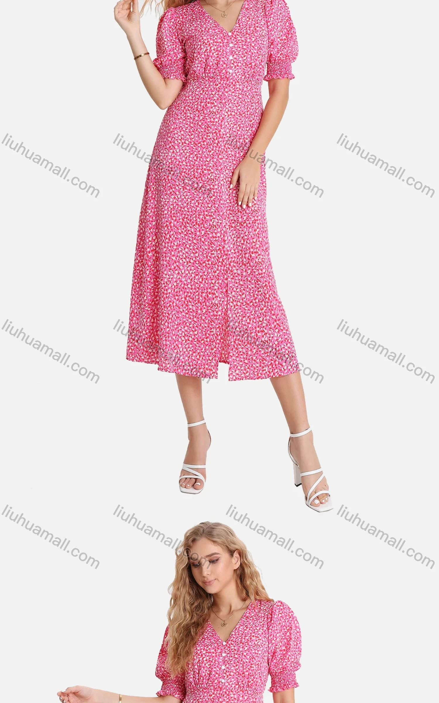 Wholesale Women's Casual Allover Print Ruched Ruffle Trim Button Decor V Neck Split Hem Midi Dress FL8070# - Liuhuamall