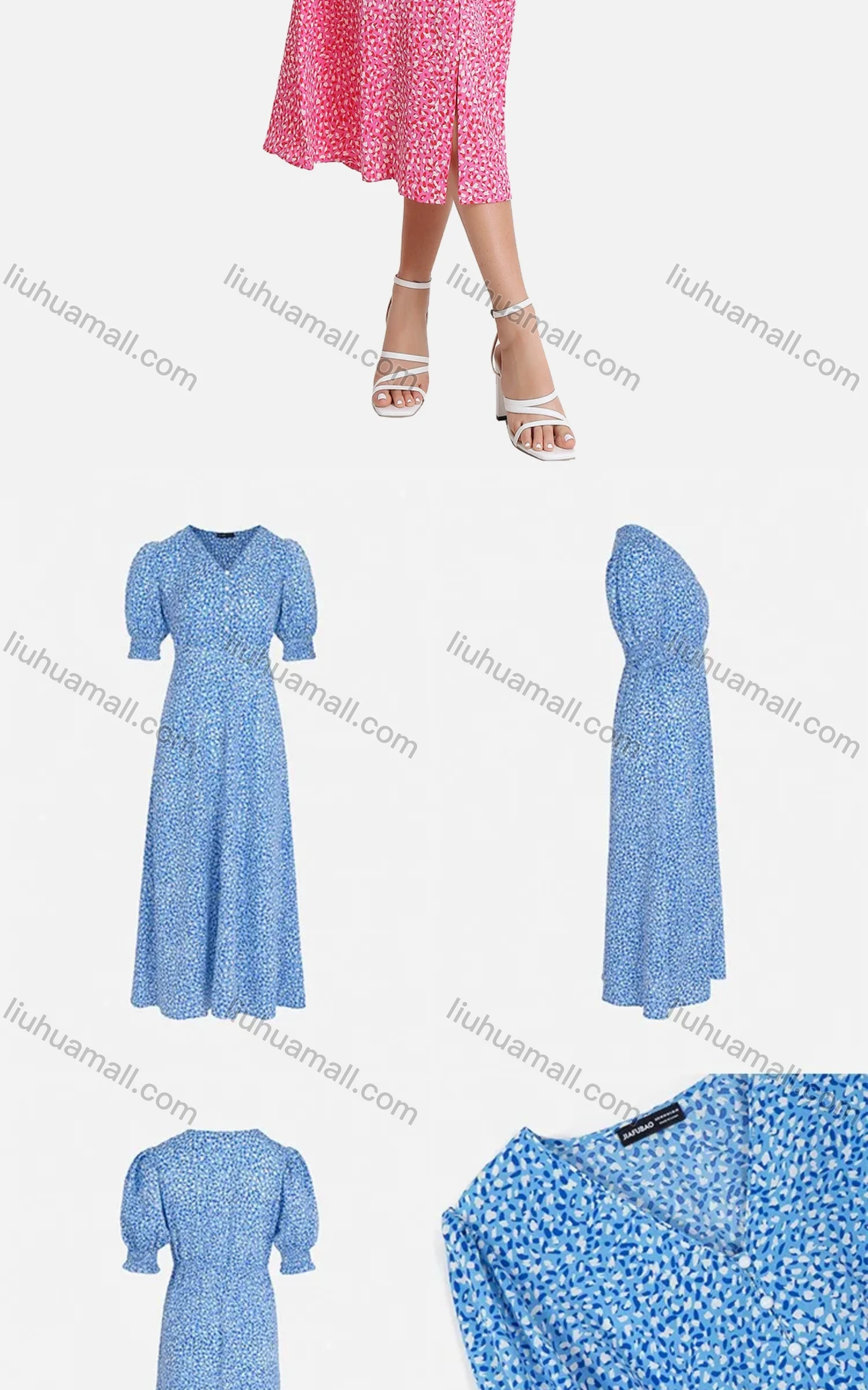 Wholesale Women's Casual Allover Print Ruched Ruffle Trim Button Decor V Neck Split Hem Midi Dress FL8070# - Liuhuamall