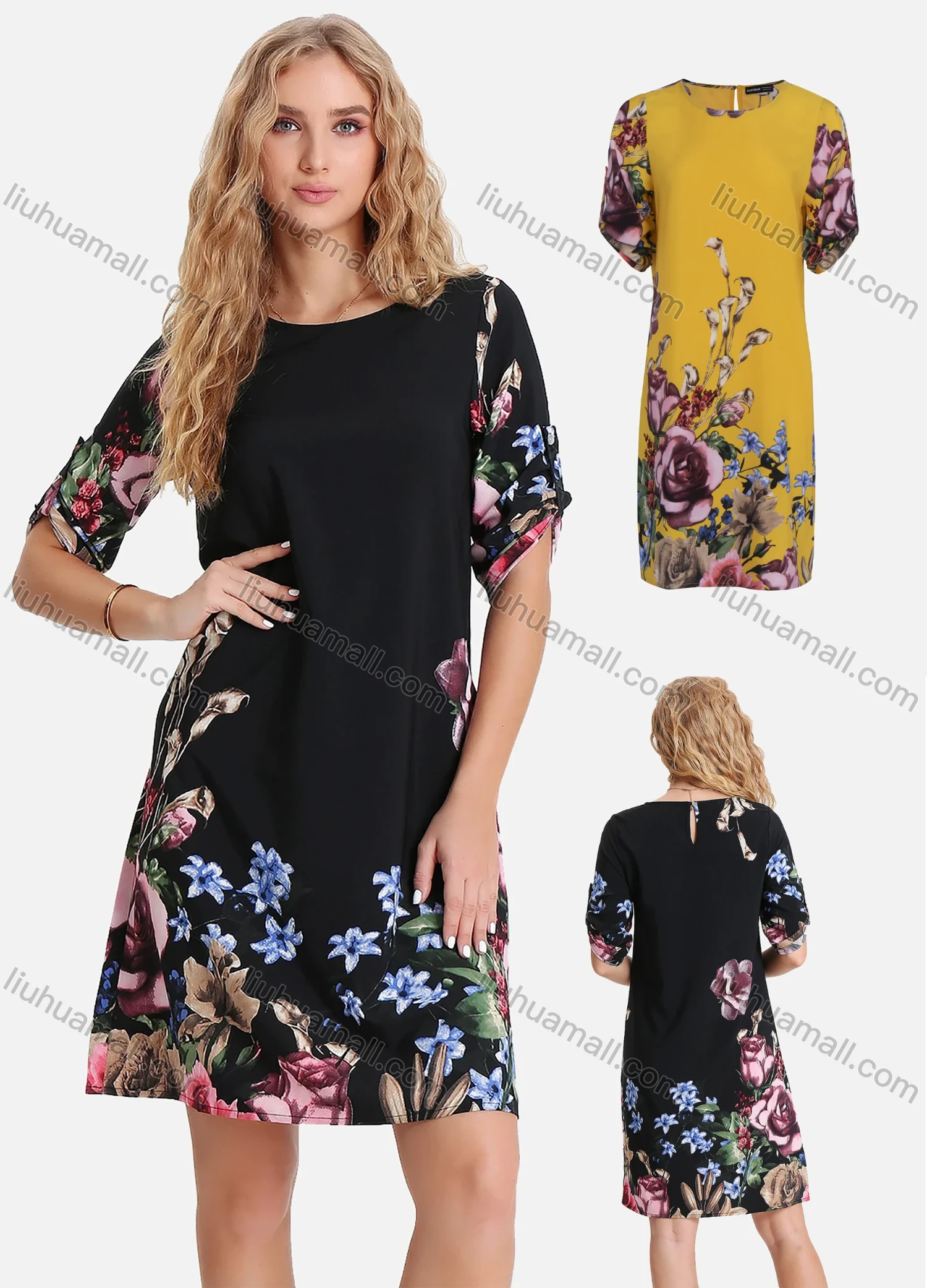Wholesale Women's Casual Floral Print Round-Neck Half Sleeve Buckle Strap Cuff Short Dress FL8069# - Liuhuamall