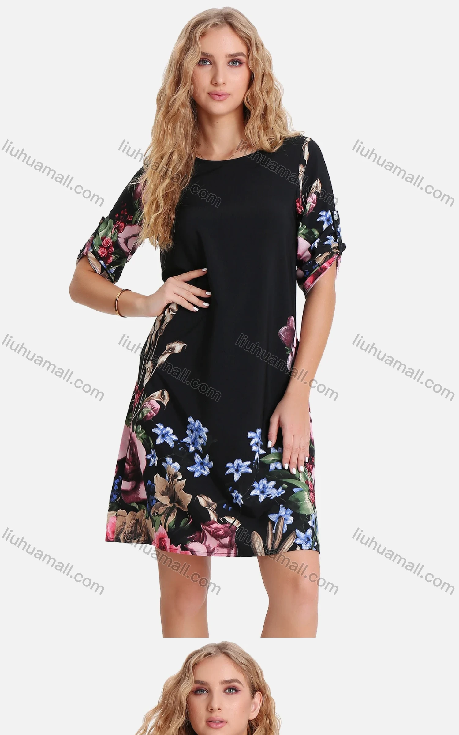 Wholesale Women's Casual Floral Print Round-Neck Half Sleeve Buckle Strap Cuff Short Dress FL8069# - Liuhuamall