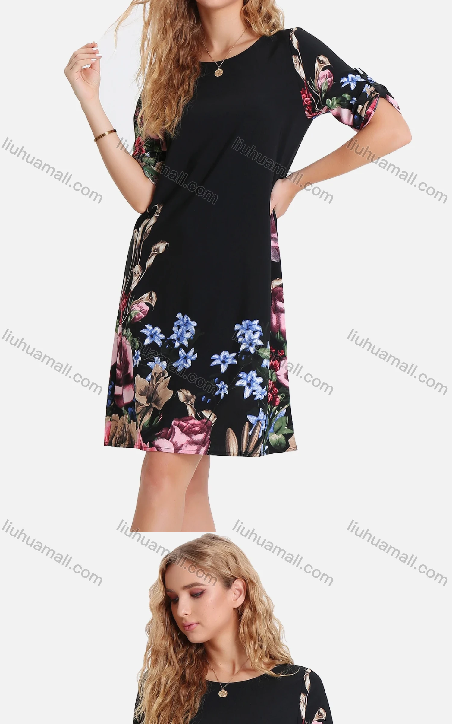 Wholesale Women's Casual Floral Print Round-Neck Half Sleeve Buckle Strap Cuff Short Dress FL8069# - Liuhuamall