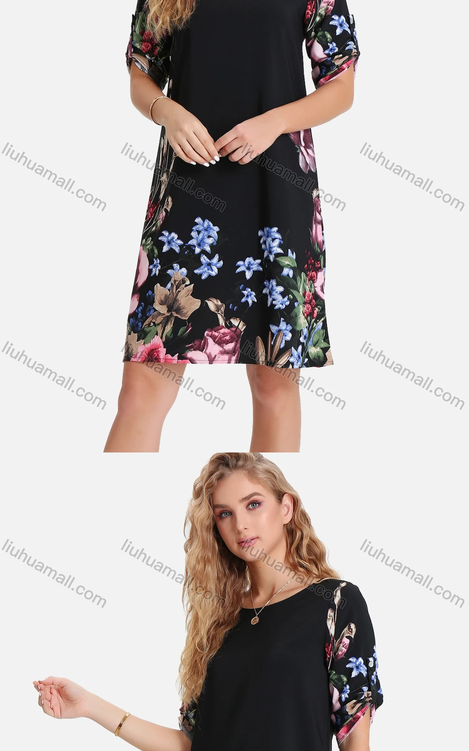 Wholesale Women's Casual Floral Print Round-Neck Half Sleeve Buckle Strap Cuff Short Dress FL8069# - Liuhuamall