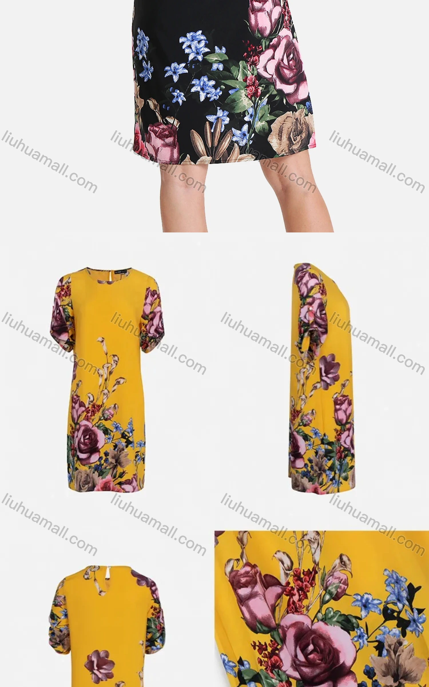 Wholesale Women's Casual Floral Print Round-Neck Half Sleeve Buckle Strap Cuff Short Dress FL8069# - Liuhuamall