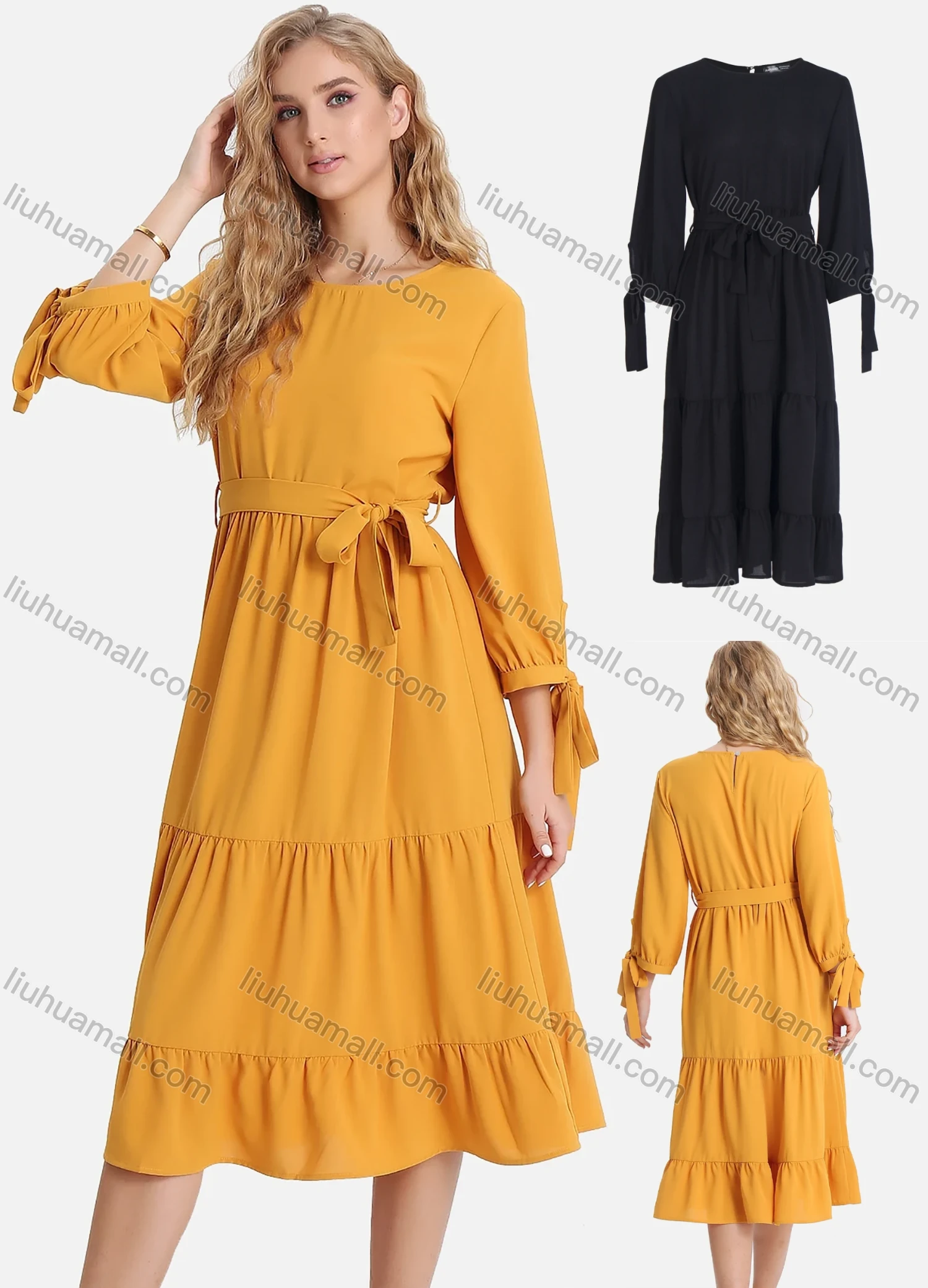 Wholesale Women's Casual 3/4 Sleeve Lace Up Ruched Ruffle Hem Midi Dress With Belt FL8062# - Liuhuamall