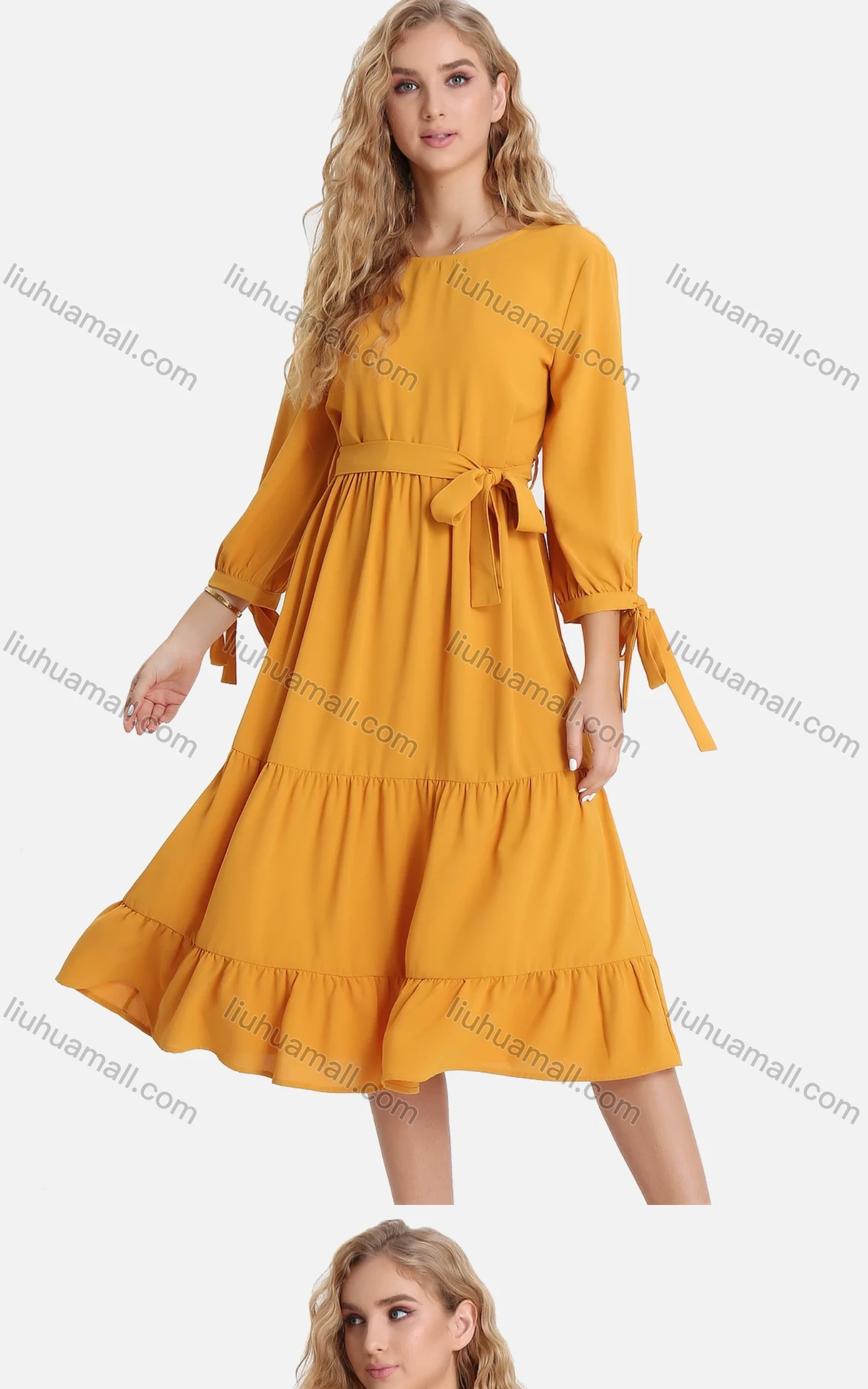 Wholesale Women's Casual 3/4 Sleeve Lace Up Ruched Ruffle Hem Midi Dress With Belt FL8062# - Liuhuamall
