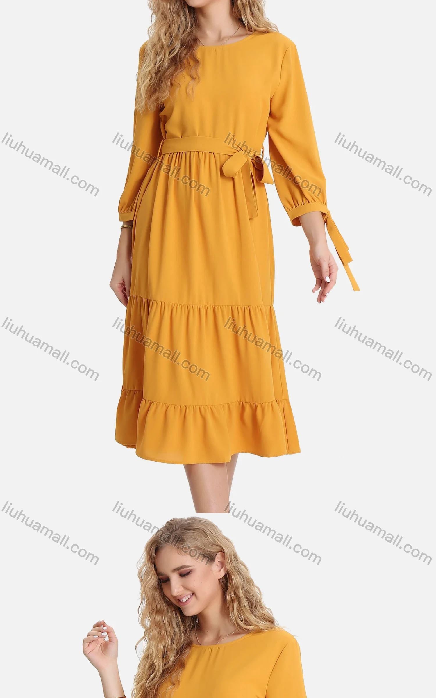 Wholesale Women's Casual 3/4 Sleeve Lace Up Ruched Ruffle Hem Midi Dress With Belt FL8062# - Liuhuamall