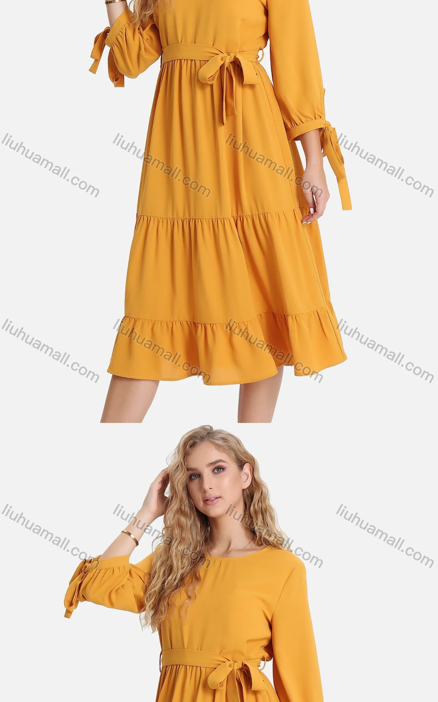 Wholesale Women's Casual 3/4 Sleeve Lace Up Ruched Ruffle Hem Midi Dress With Belt FL8062# - Liuhuamall