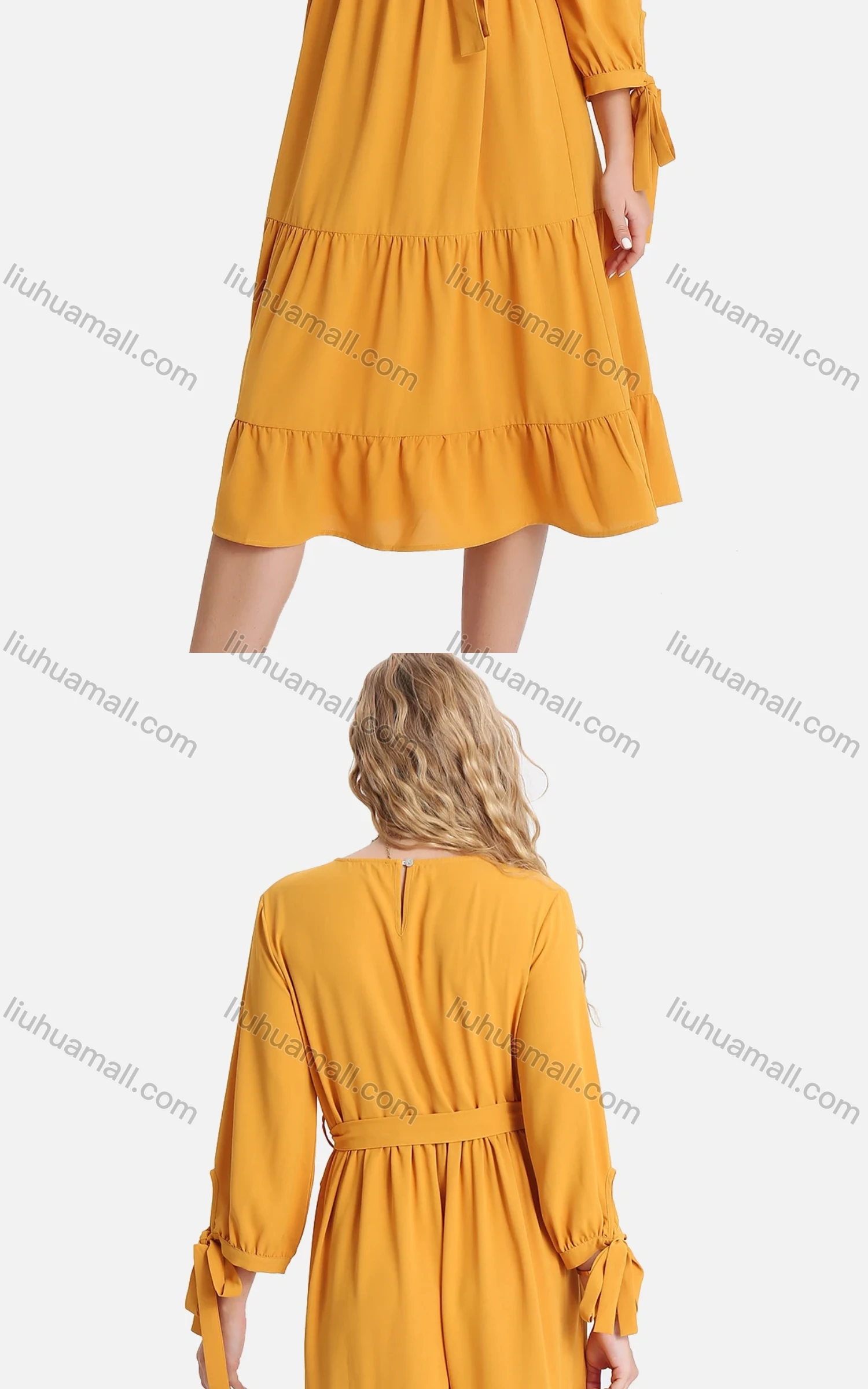 Wholesale Women's Casual 3/4 Sleeve Lace Up Ruched Ruffle Hem Midi Dress With Belt FL8062# - Liuhuamall