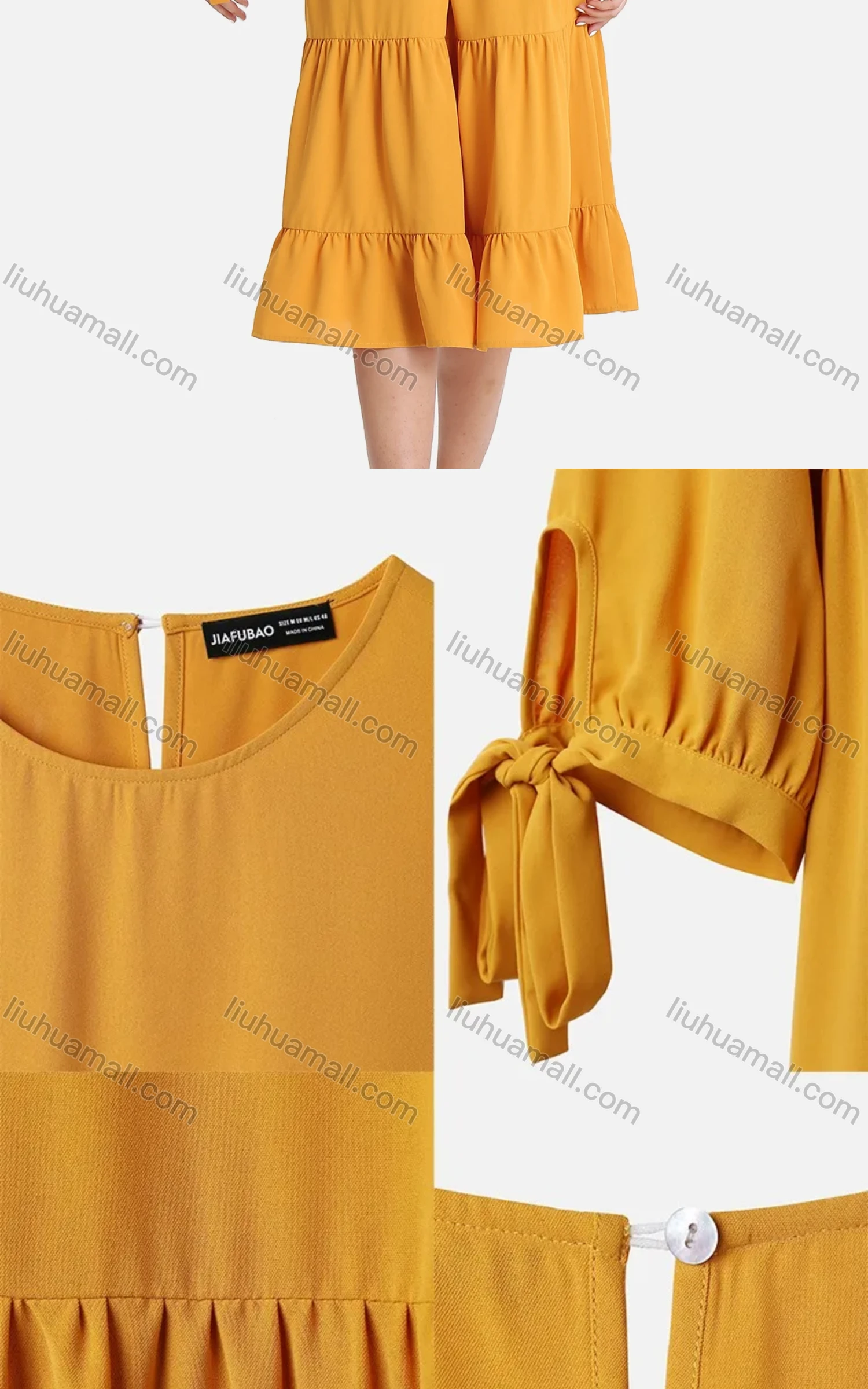 Wholesale Women's Casual 3/4 Sleeve Lace Up Ruched Ruffle Hem Midi Dress With Belt FL8062# - Liuhuamall