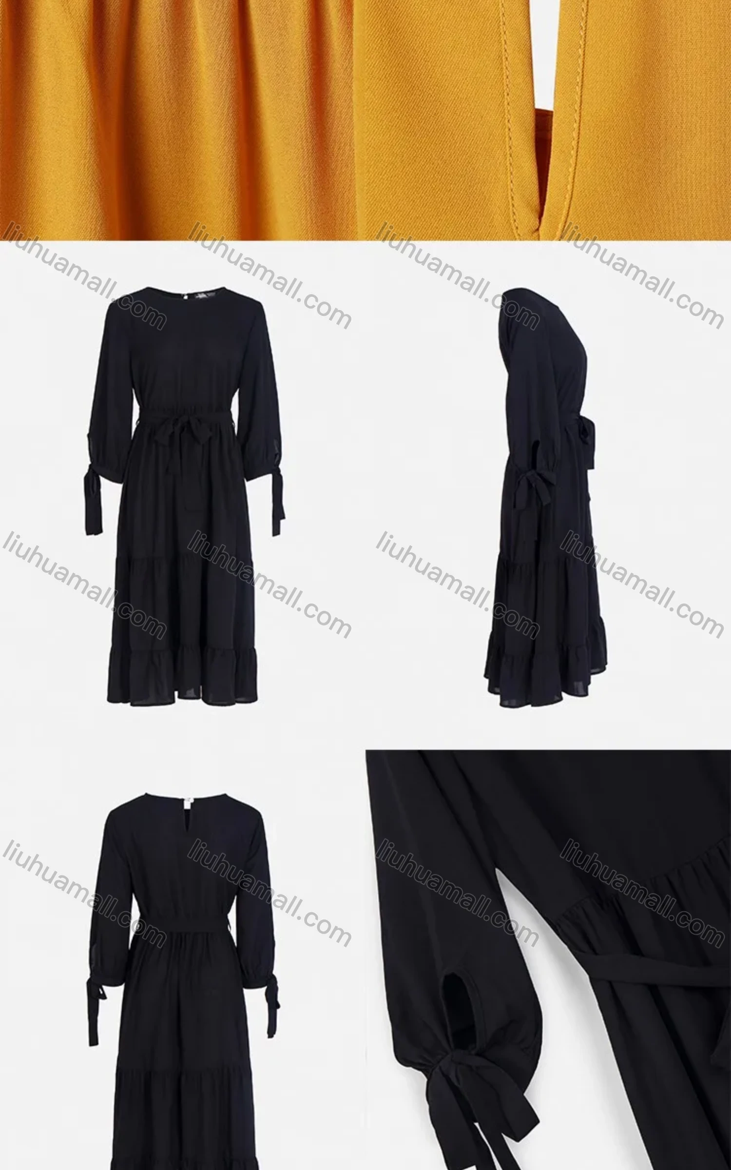 Wholesale Women's Casual 3/4 Sleeve Lace Up Ruched Ruffle Hem Midi Dress With Belt FL8062# - Liuhuamall