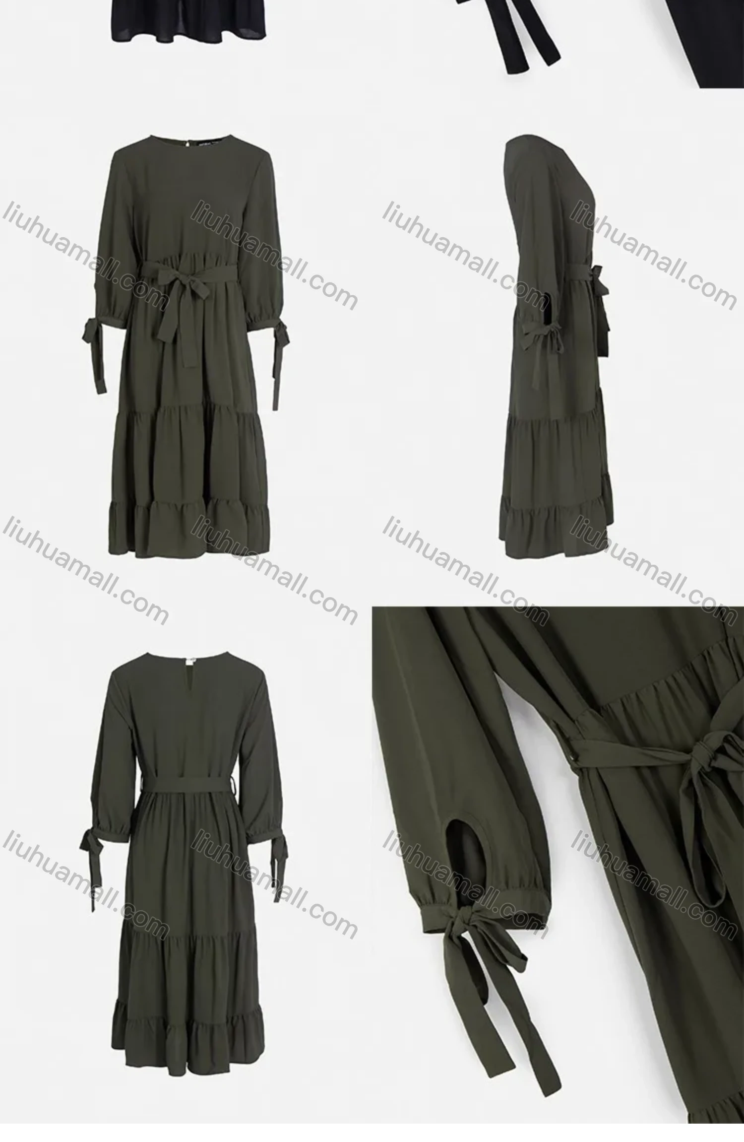 Wholesale Women's Casual 3/4 Sleeve Lace Up Ruched Ruffle Hem Midi Dress With Belt FL8062# - Liuhuamall