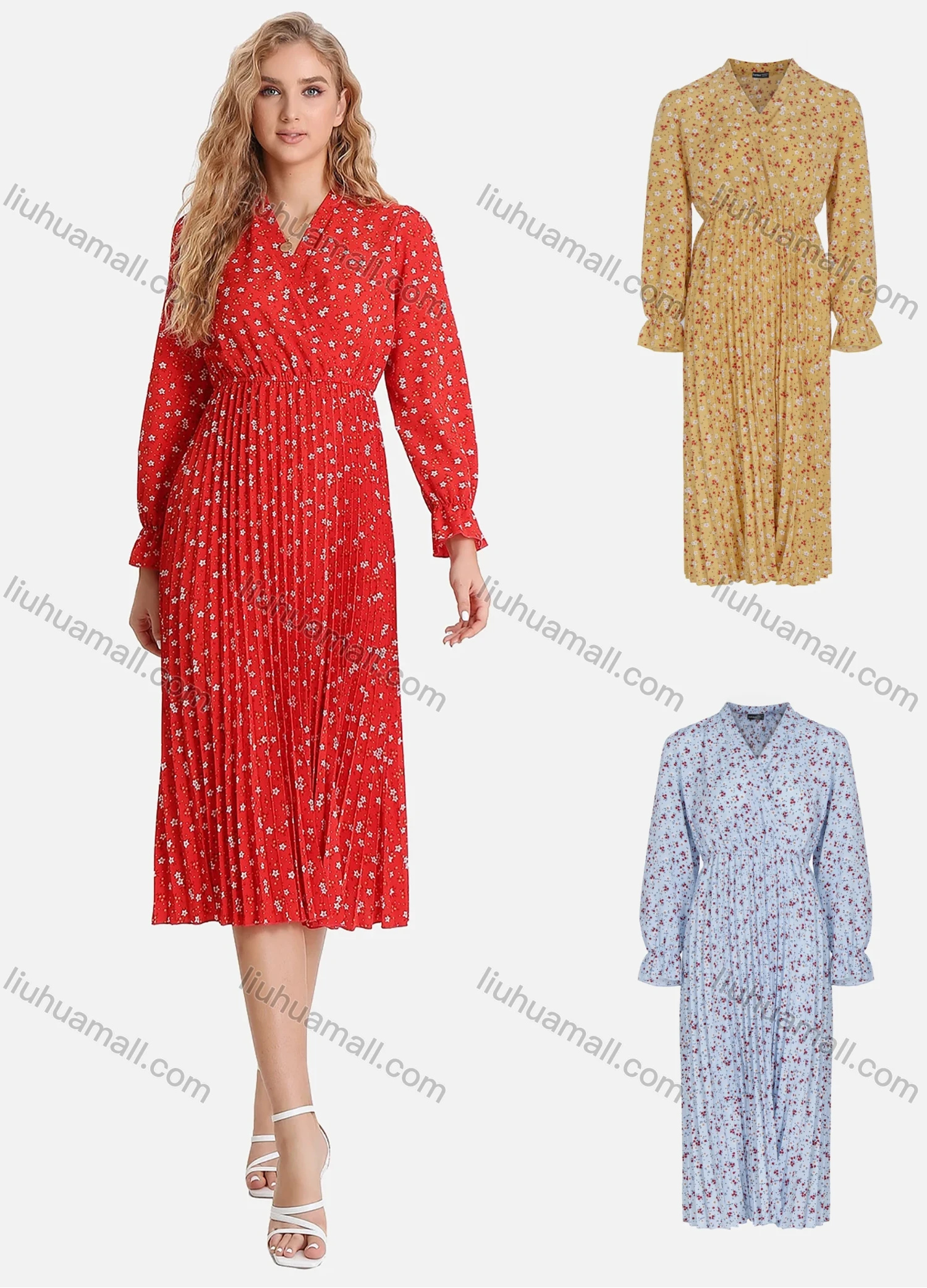 Wholesale Women's Casual Floral Print Wrap Pleated V-Neck Poet Sleeve Midi Dress FL8061# - Liuhuamall