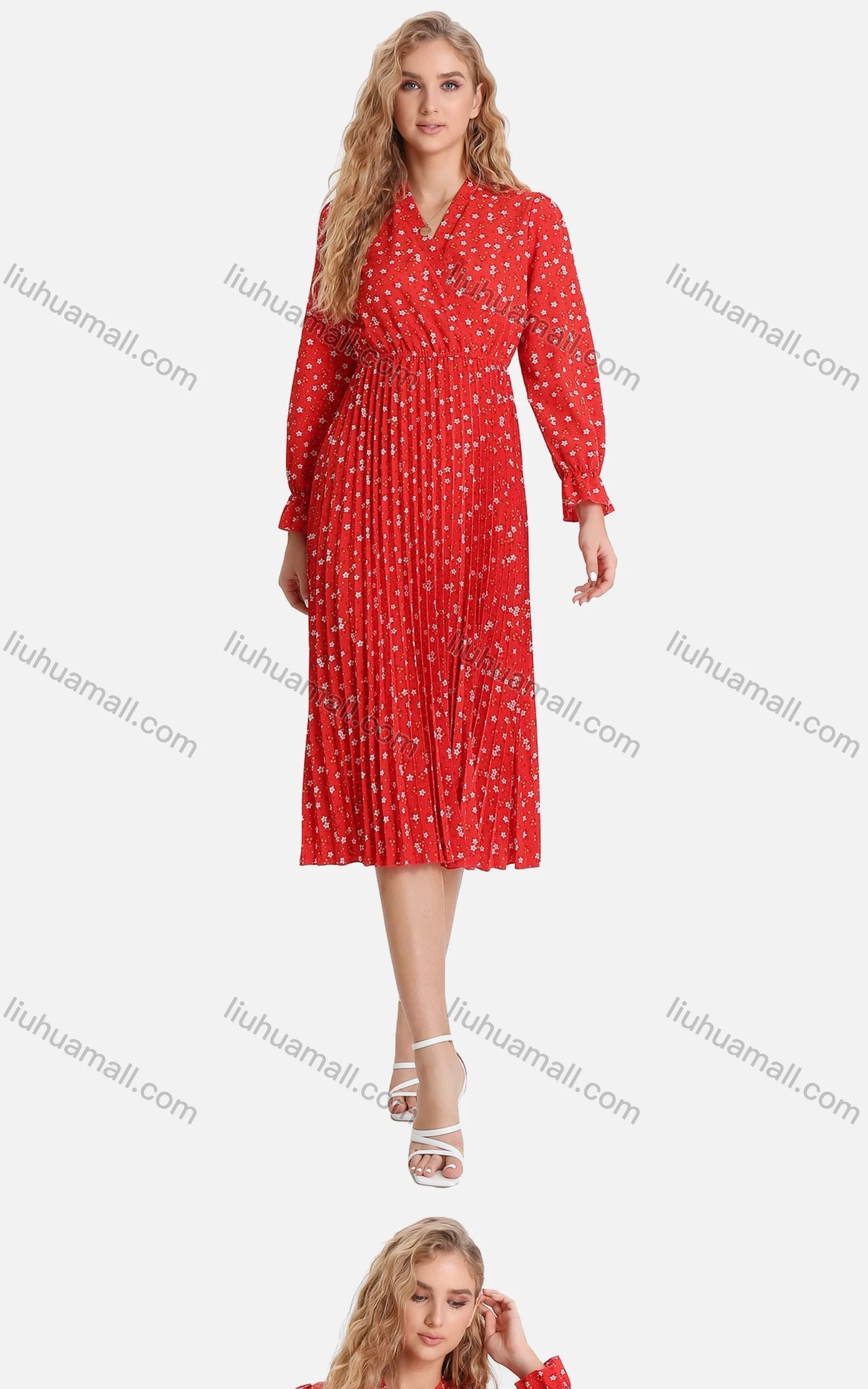 Wholesale Women's Casual Floral Print Wrap Pleated V-Neck Poet Sleeve Midi Dress FL8061# - Liuhuamall