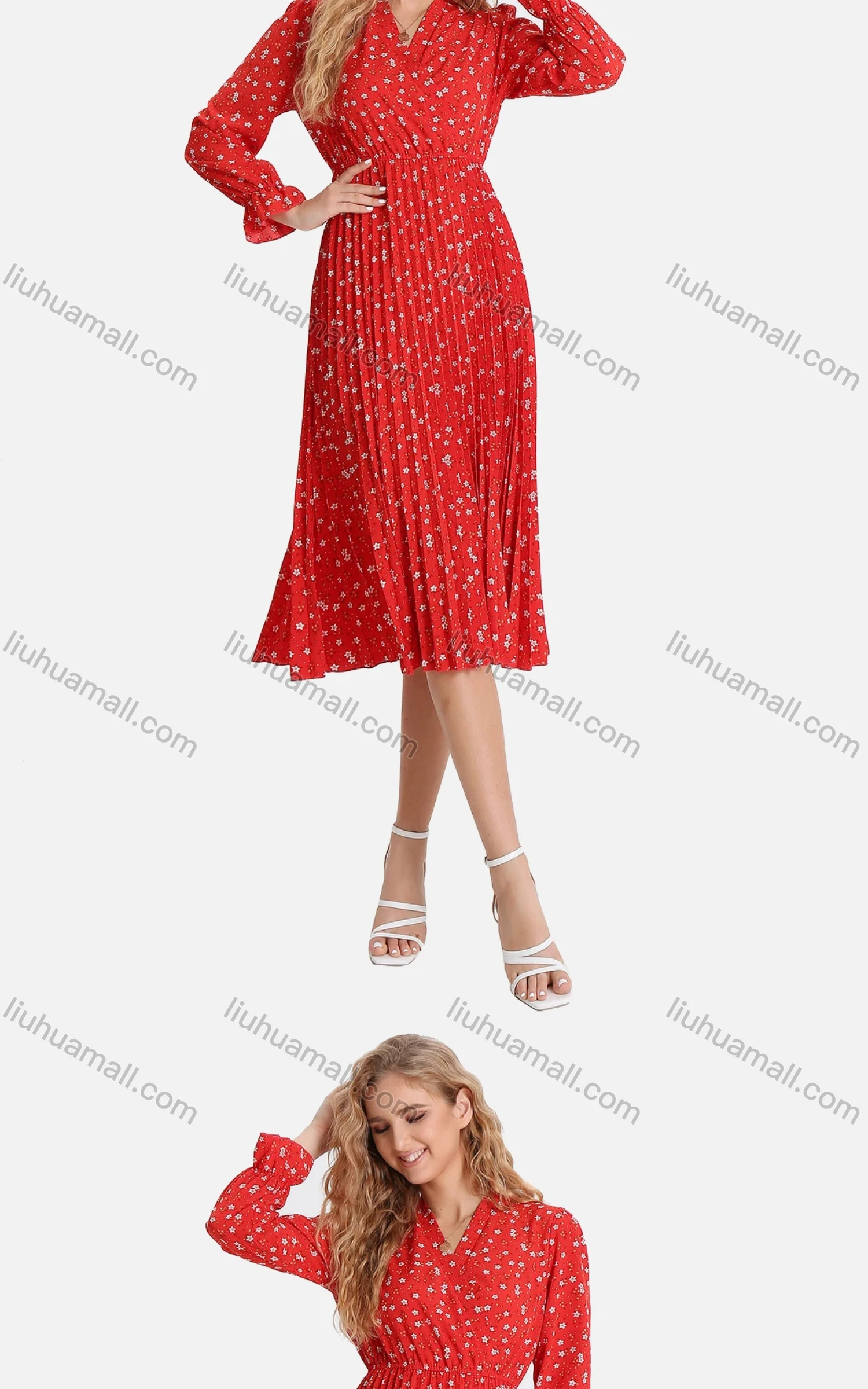 Wholesale Women's Casual Floral Print Wrap Pleated V-Neck Poet Sleeve Midi Dress FL8061# - Liuhuamall