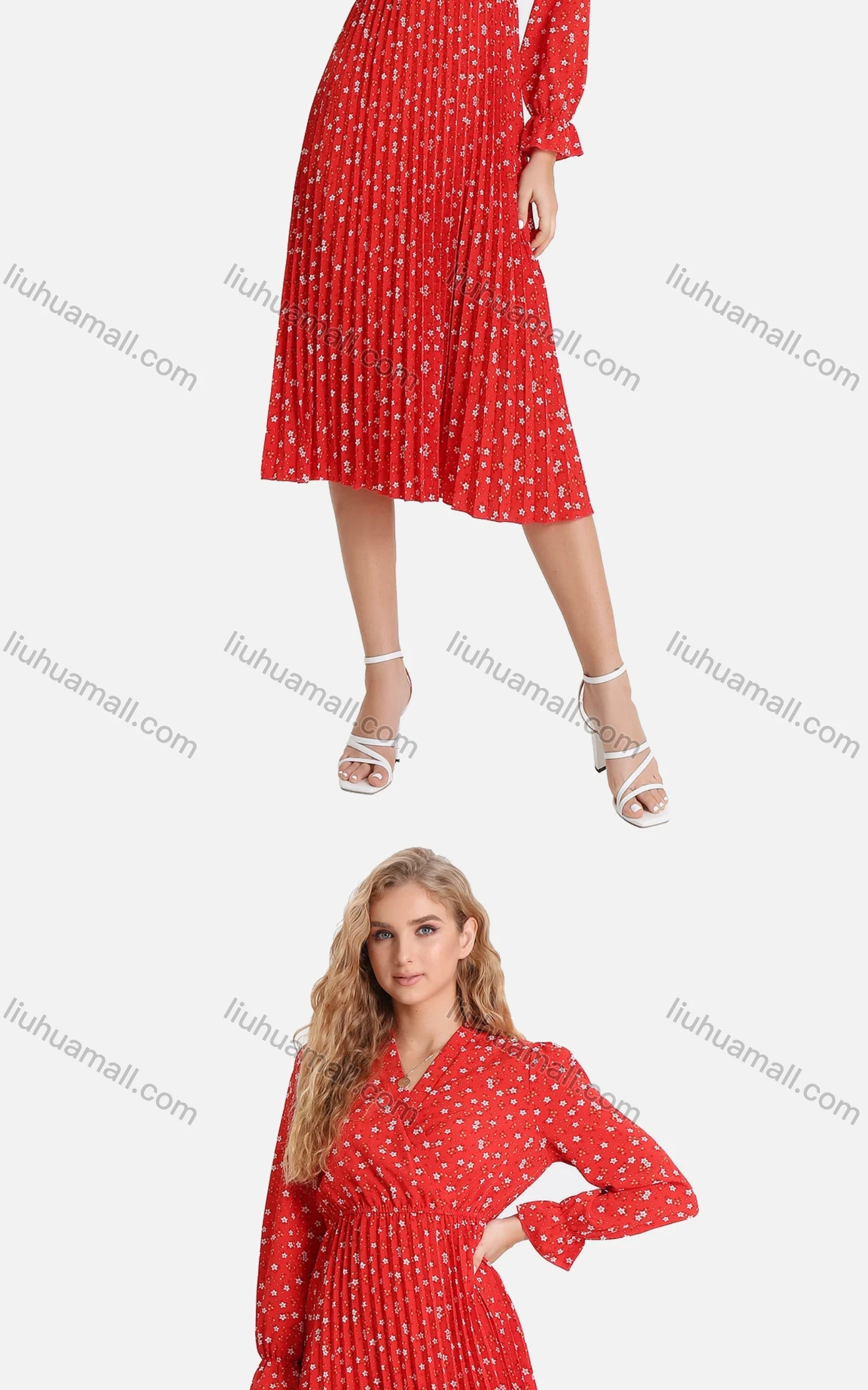 Wholesale Women's Casual Floral Print Wrap Pleated V-Neck Poet Sleeve Midi Dress FL8061# - Liuhuamall