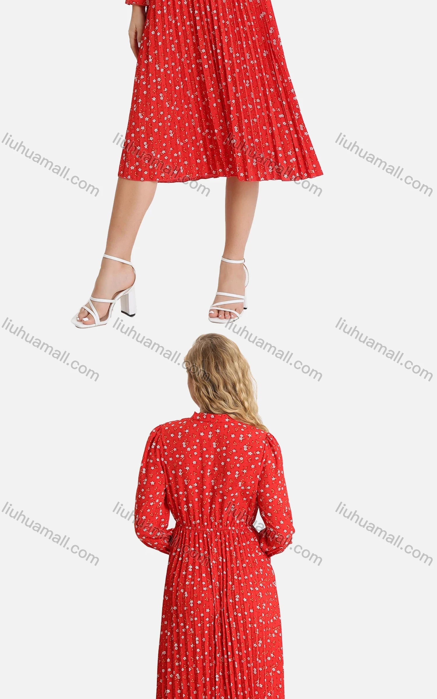 Wholesale Women's Casual Floral Print Wrap Pleated V-Neck Poet Sleeve Midi Dress FL8061# - Liuhuamall