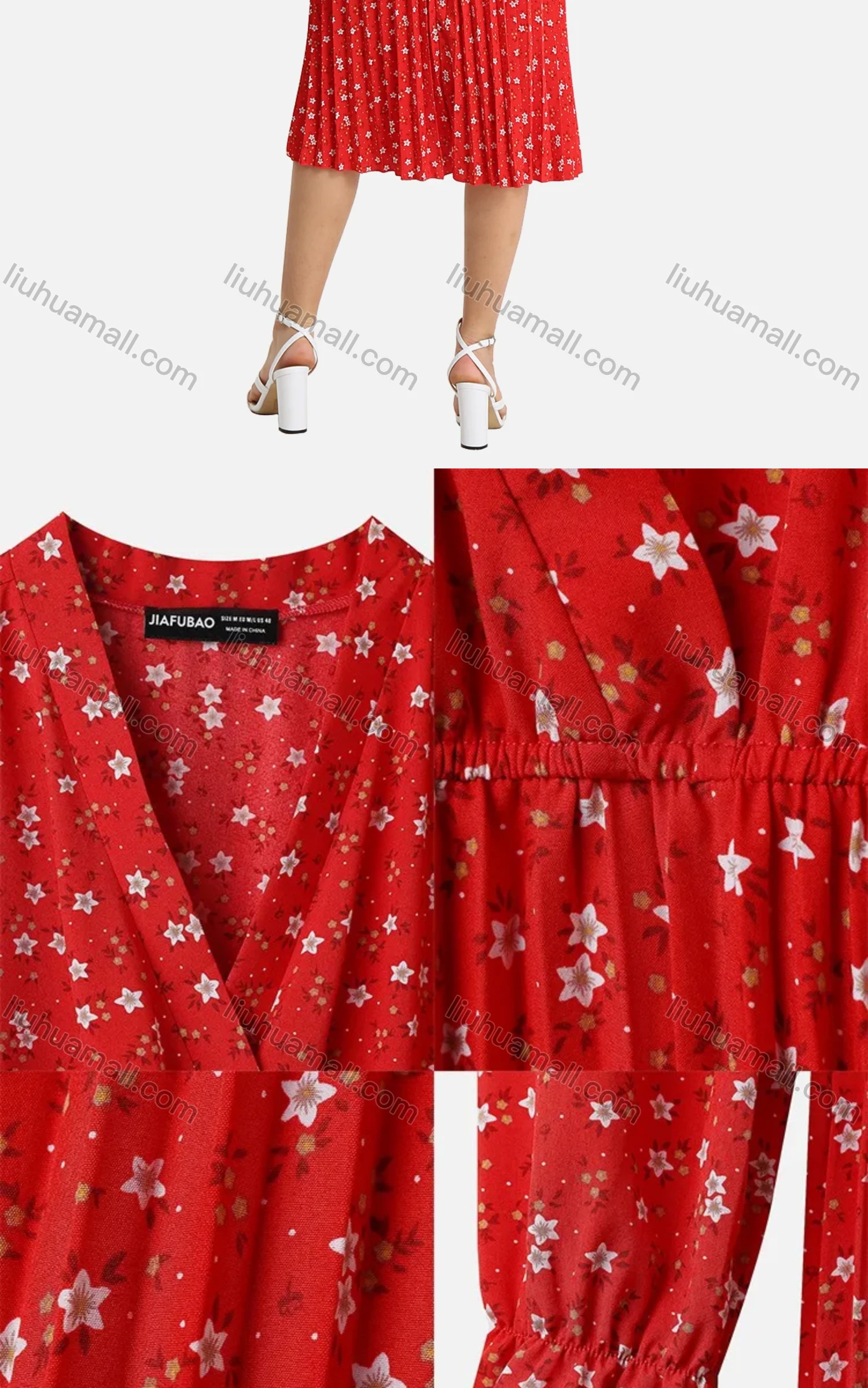 Wholesale Women's Casual Floral Print Wrap Pleated V-Neck Poet Sleeve Midi Dress FL8061# - Liuhuamall