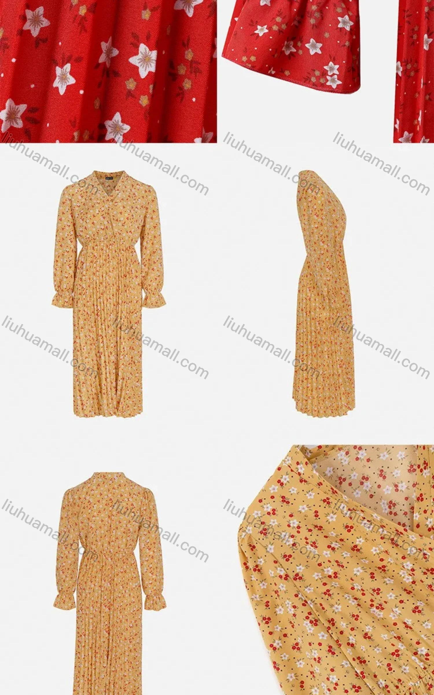 Wholesale Women's Casual Floral Print Wrap Pleated V-Neck Poet Sleeve Midi Dress FL8061# - Liuhuamall