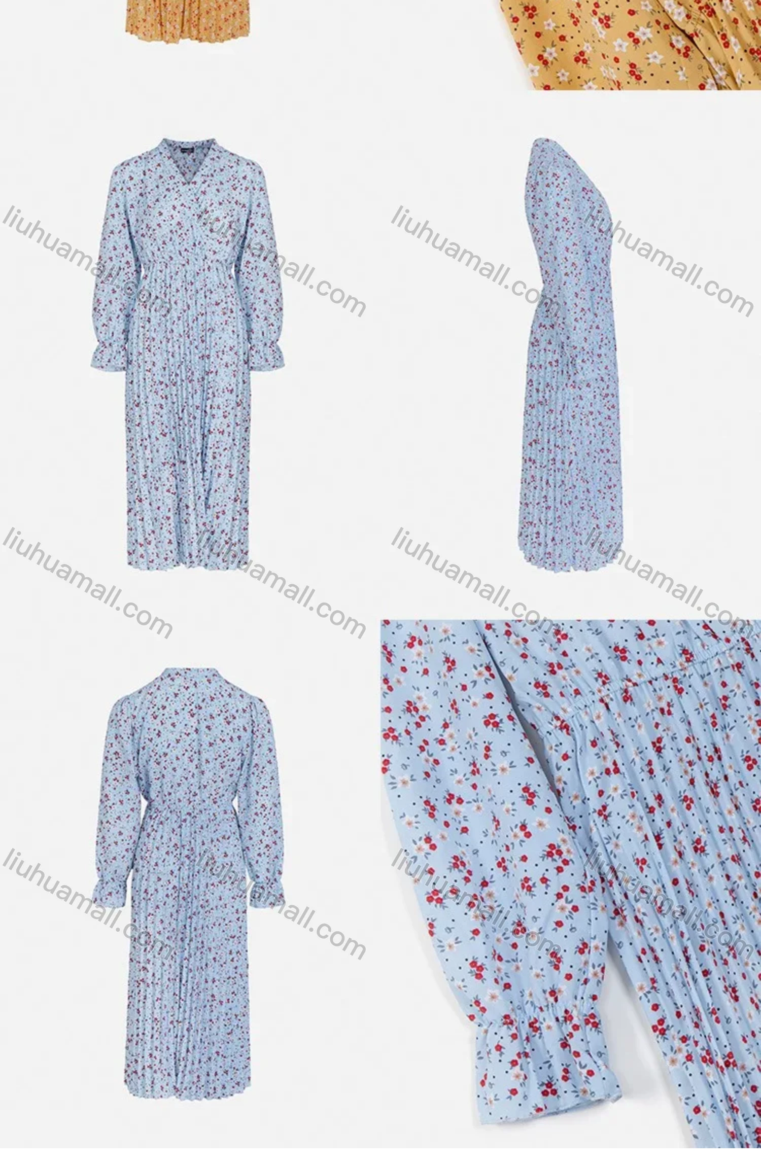 Wholesale Women's Casual Floral Print Wrap Pleated V-Neck Poet Sleeve Midi Dress FL8061# - Liuhuamall