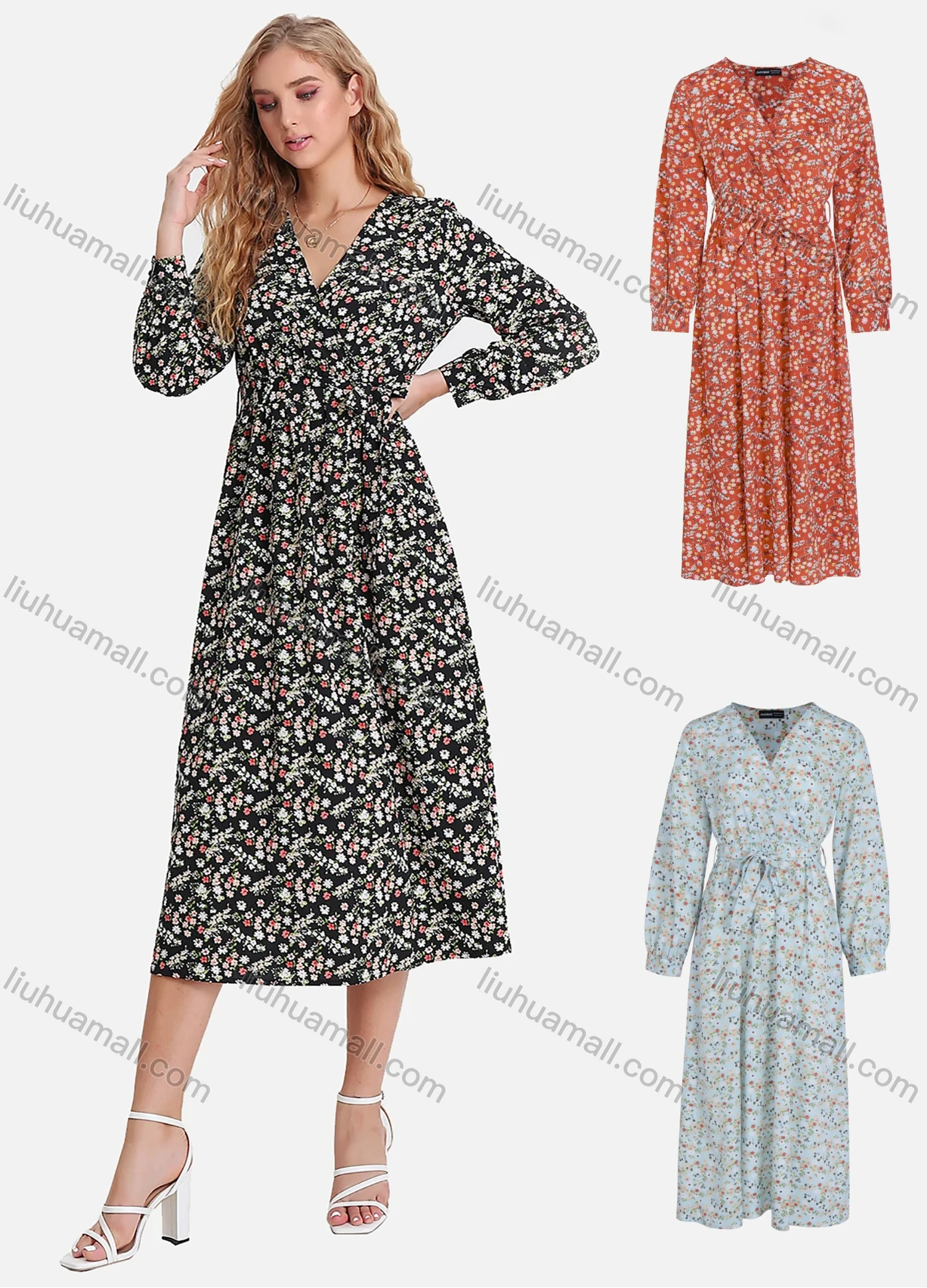 Wholesale Women's Casual Ditsy Floral V Neck Wrap A-Line Long Sleeve Midi Dress With Belt FL8064# - Liuhuamall