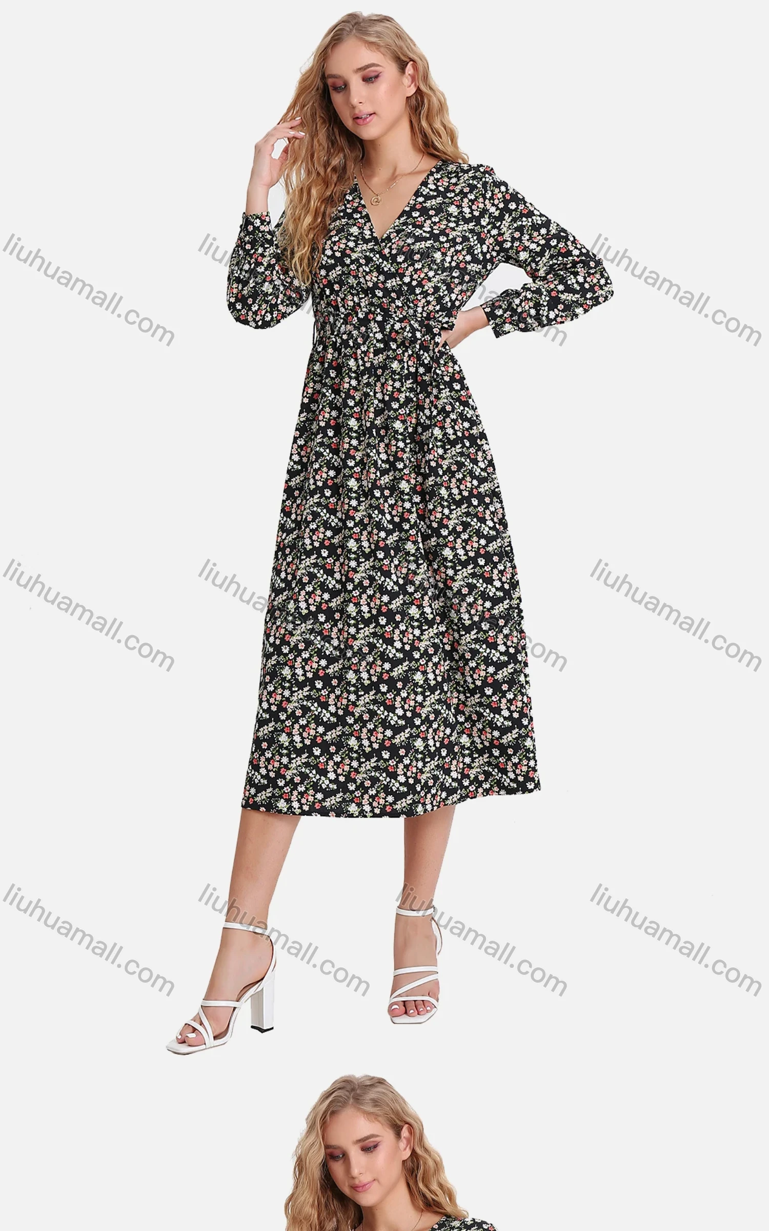 Wholesale Women's Casual Ditsy Floral V Neck Wrap A-Line Long Sleeve Midi Dress With Belt FL8064# - Liuhuamall