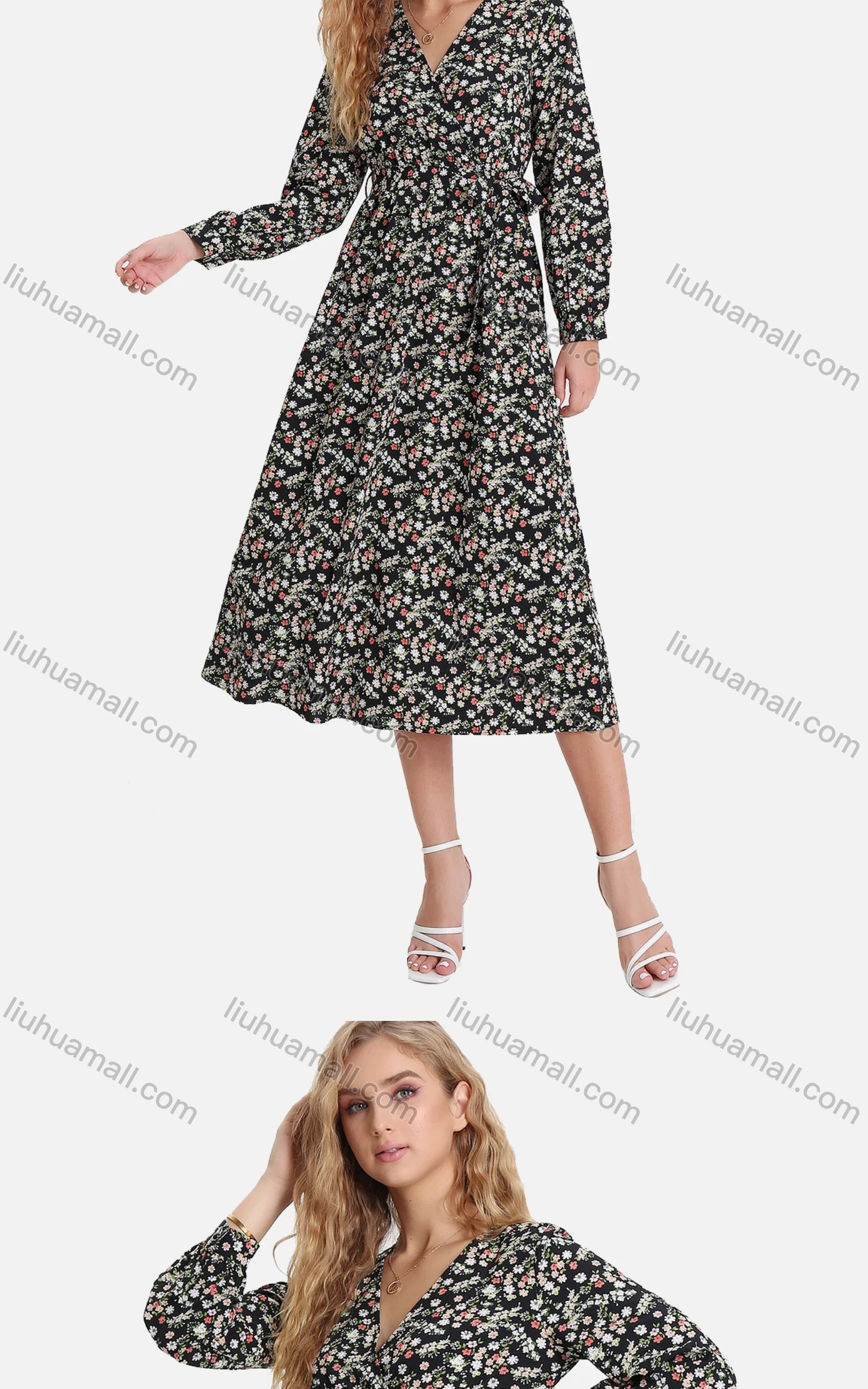 Wholesale Women's Casual Ditsy Floral V Neck Wrap A-Line Long Sleeve Midi Dress With Belt FL8064# - Liuhuamall
