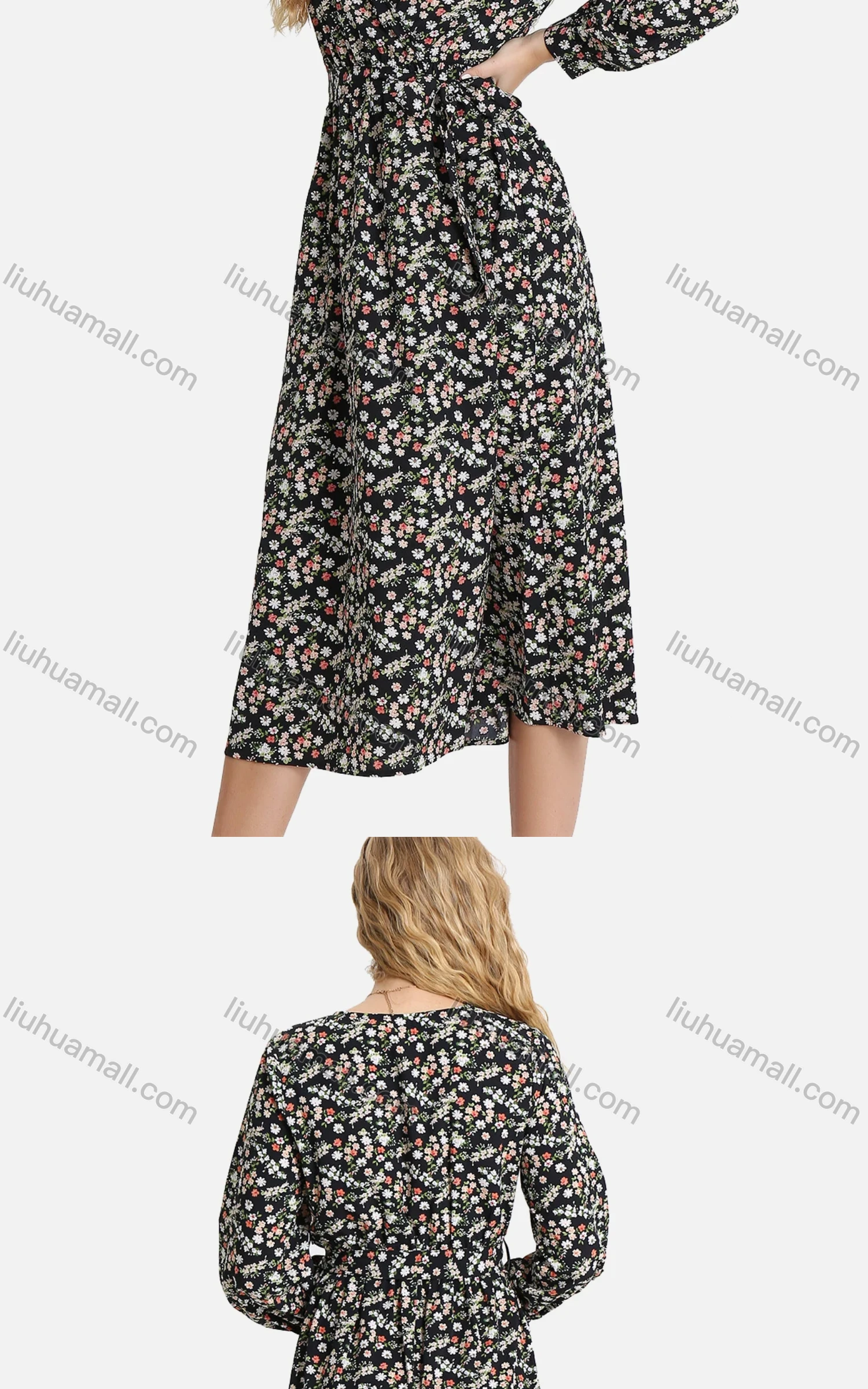 Wholesale Women's Casual Ditsy Floral V Neck Wrap A-Line Long Sleeve Midi Dress With Belt FL8064# - Liuhuamall