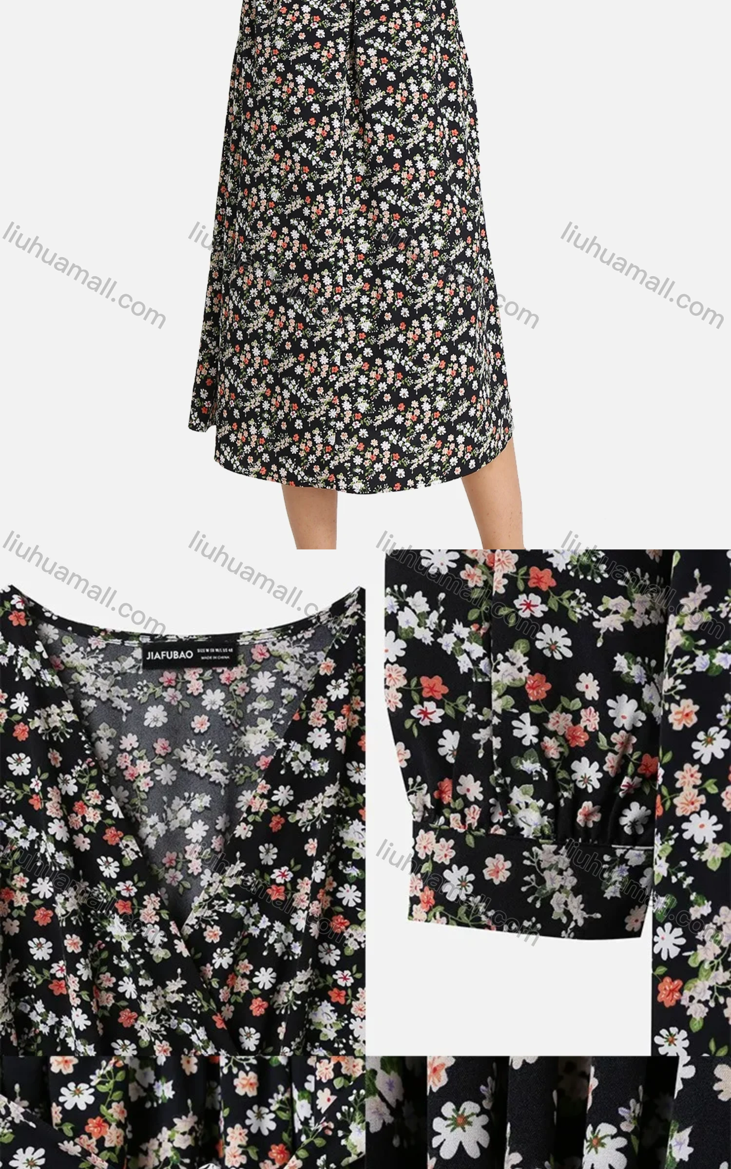 Wholesale Women's Casual Ditsy Floral V Neck Wrap A-Line Long Sleeve Midi Dress With Belt FL8064# - Liuhuamall