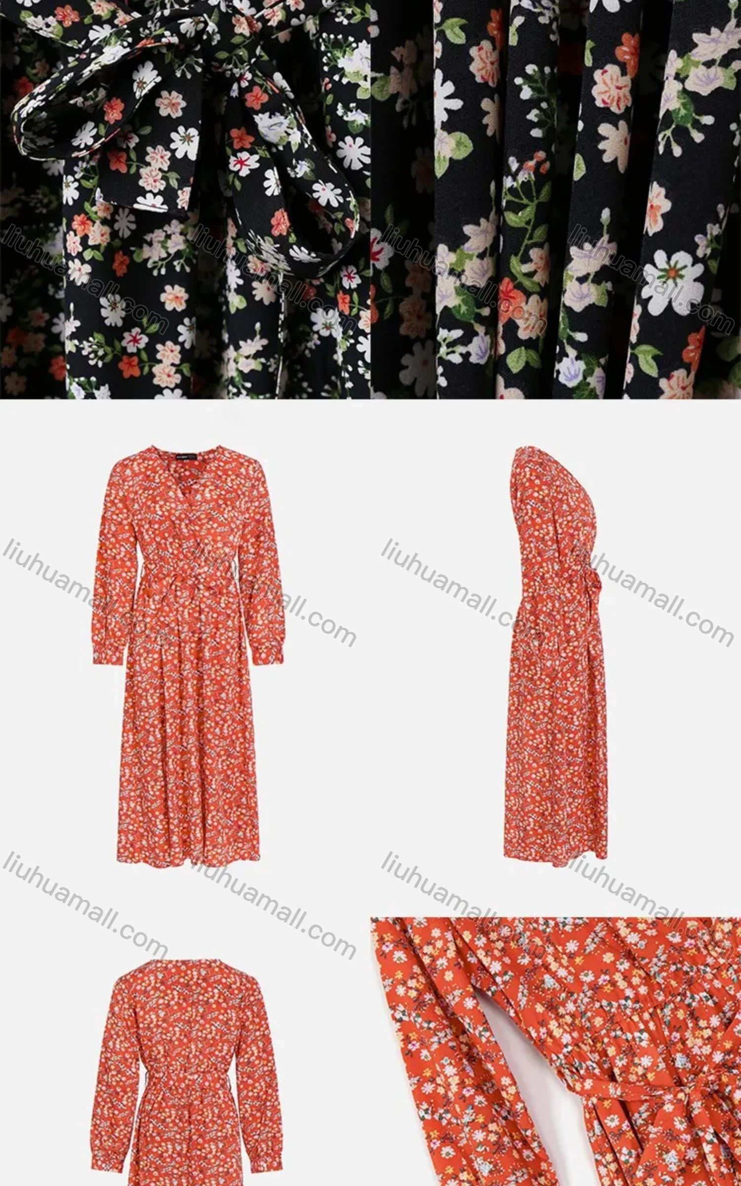 Wholesale Women's Casual Ditsy Floral V Neck Wrap A-Line Long Sleeve Midi Dress With Belt FL8064# - Liuhuamall