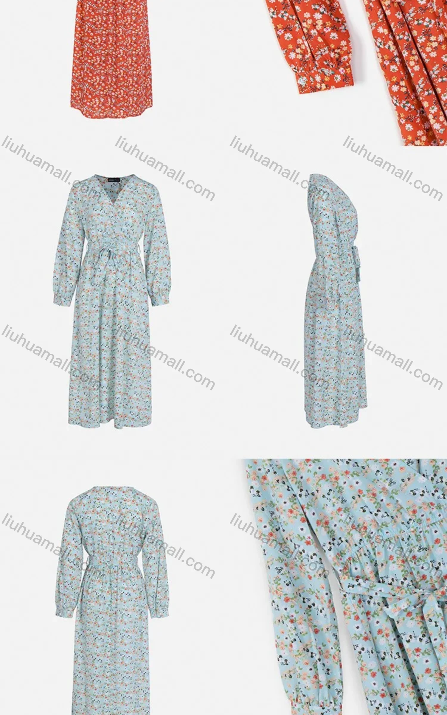 Wholesale Women's Casual Ditsy Floral V Neck Wrap A-Line Long Sleeve Midi Dress With Belt FL8064# - Liuhuamall