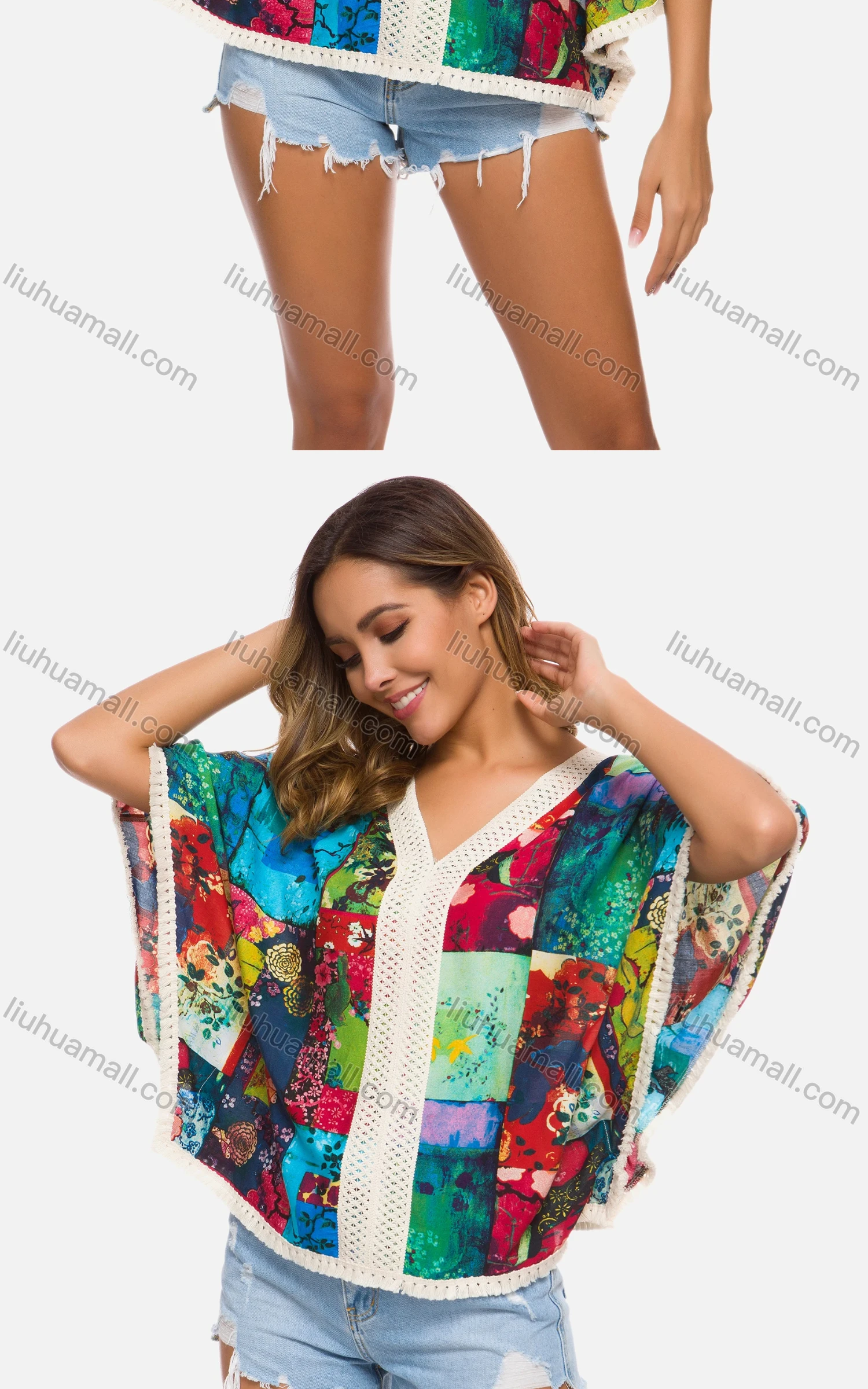 Wholesale Women's Casual V-Neck Lace Trim Batwing Sleeve Patchwork Print Top - Liuhuamall