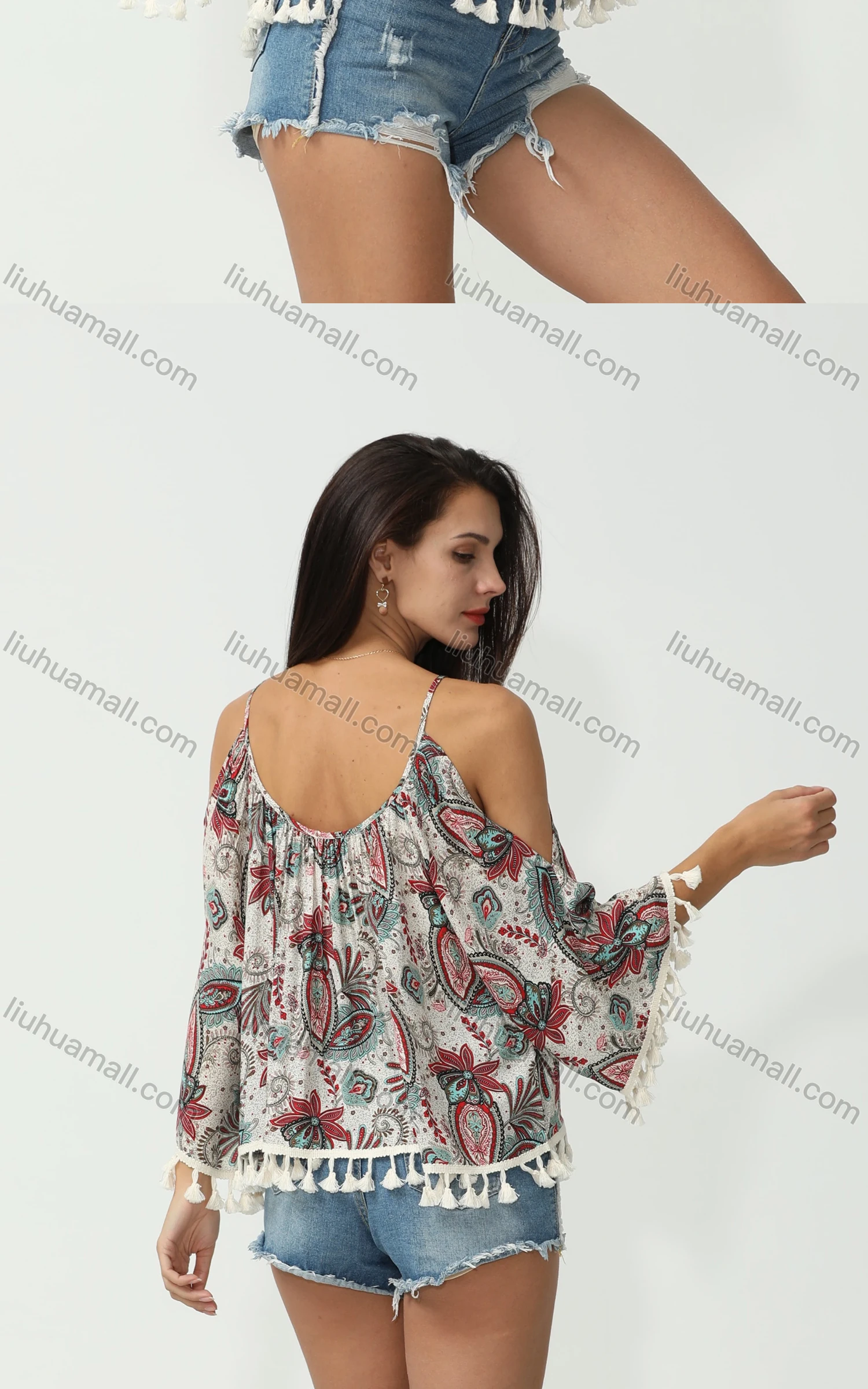 Wholesale Women's Summer Vintage Print Cold Shoulder Crop Cami Top - Liuhuamall