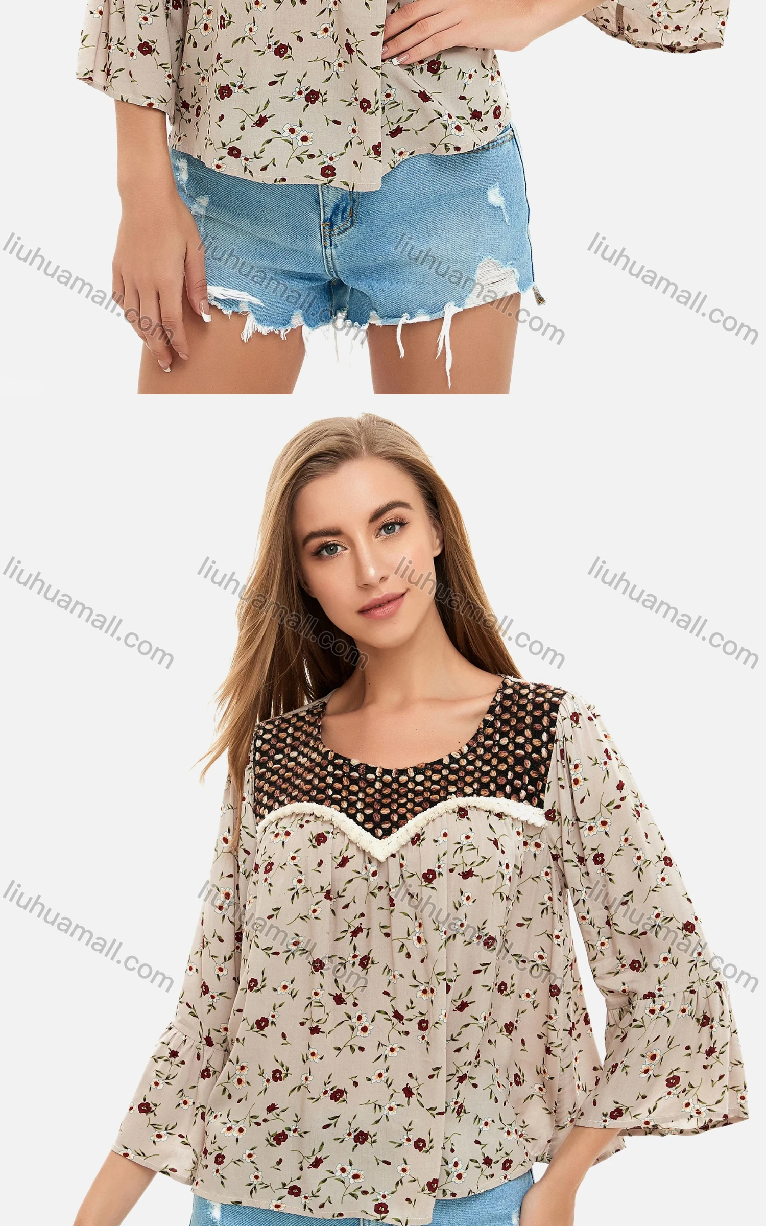 Wholesale Women's Casual Ditsy Allover Floral Print Splicing Bell Sleeve Blouse - Liuhuamall