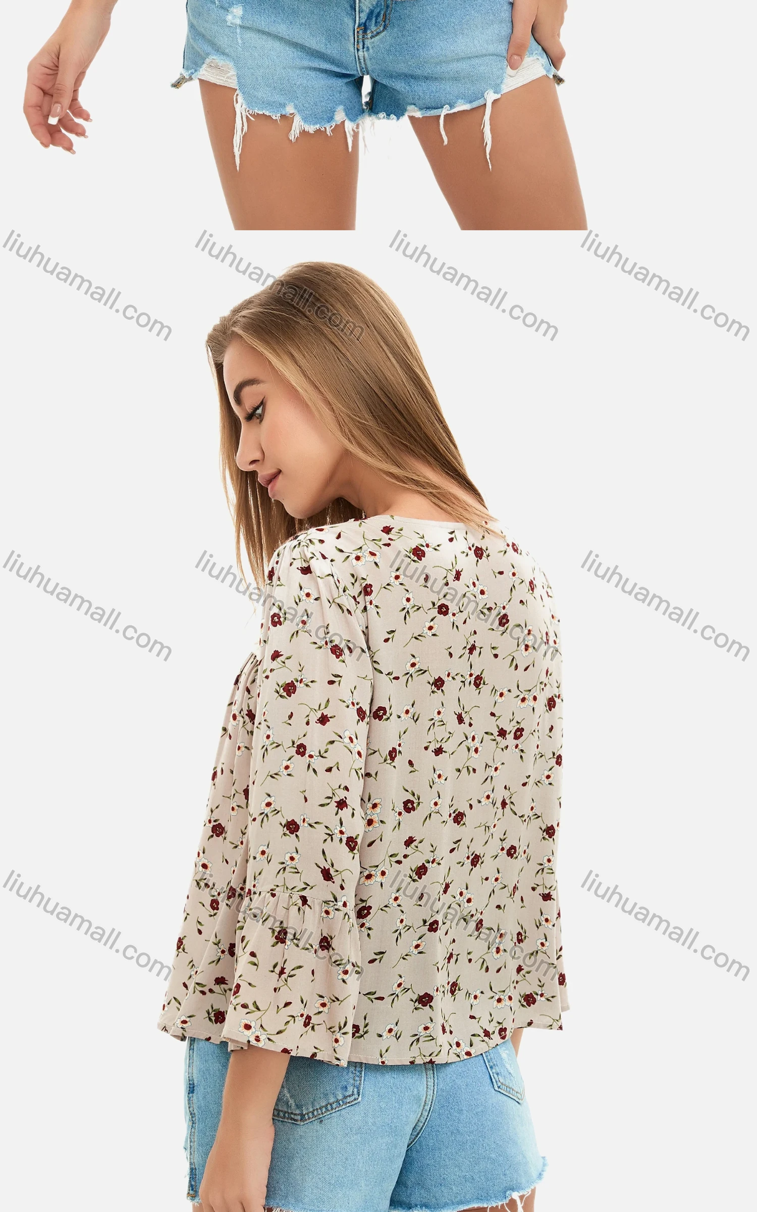 Wholesale Women's Casual Ditsy Allover Floral Print Splicing Bell Sleeve Blouse - Liuhuamall