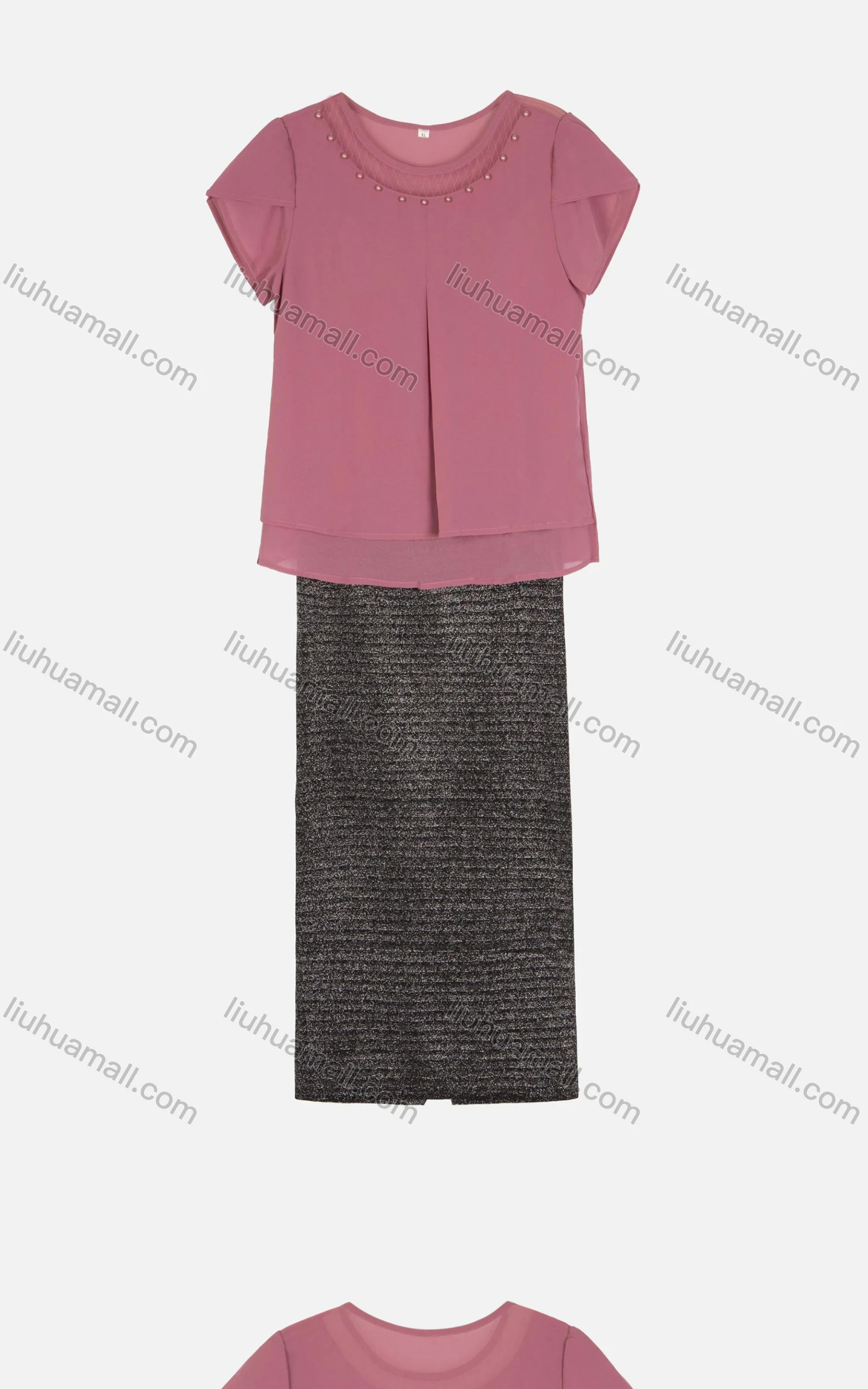 Wholesale Women's Casual Round Neck Pearl Decor Blouse & Long Skirt 2-piece Set - Liuhuamall