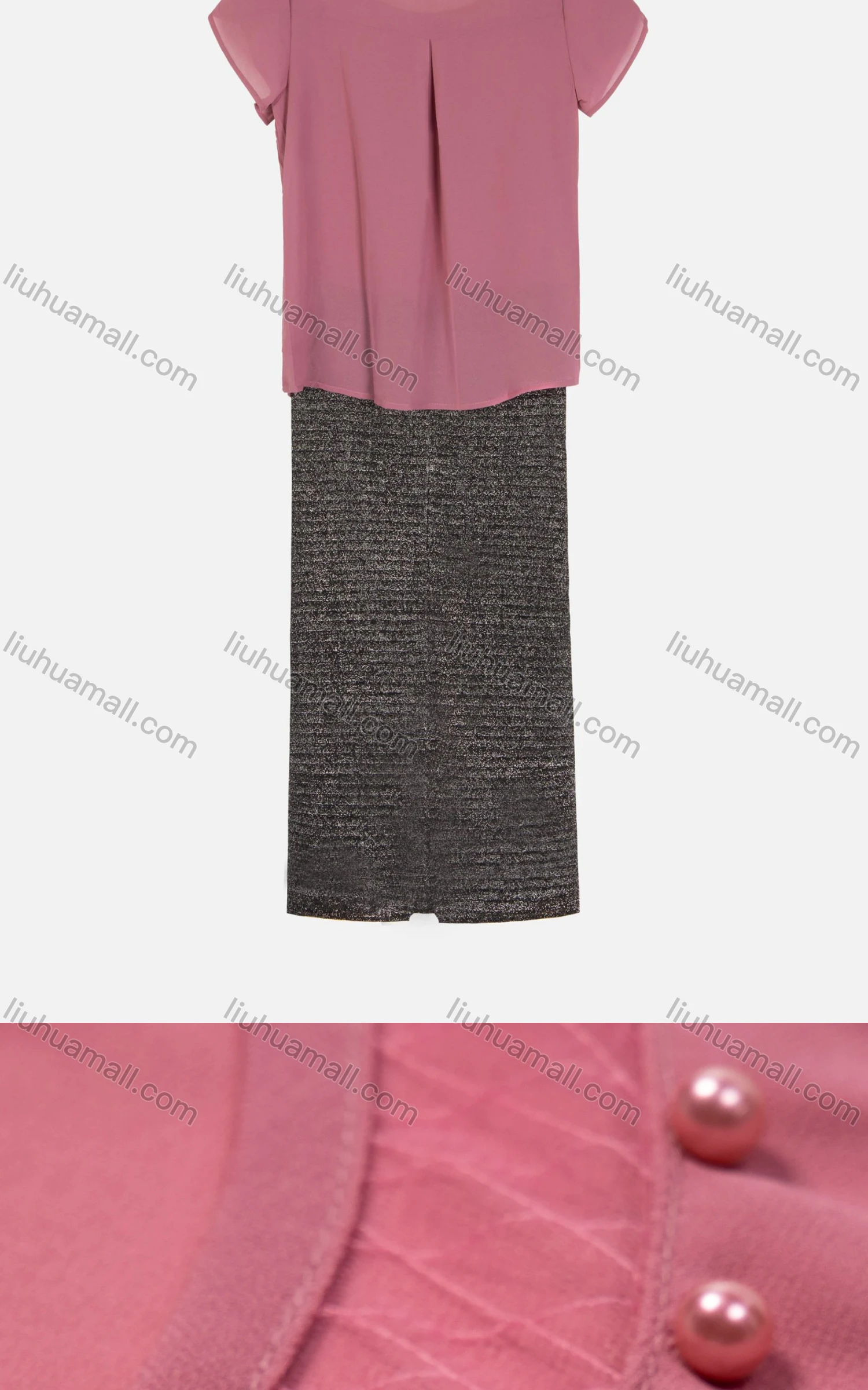 Wholesale Women's Casual Round Neck Pearl Decor Blouse & Long Skirt 2-piece Set - Liuhuamall