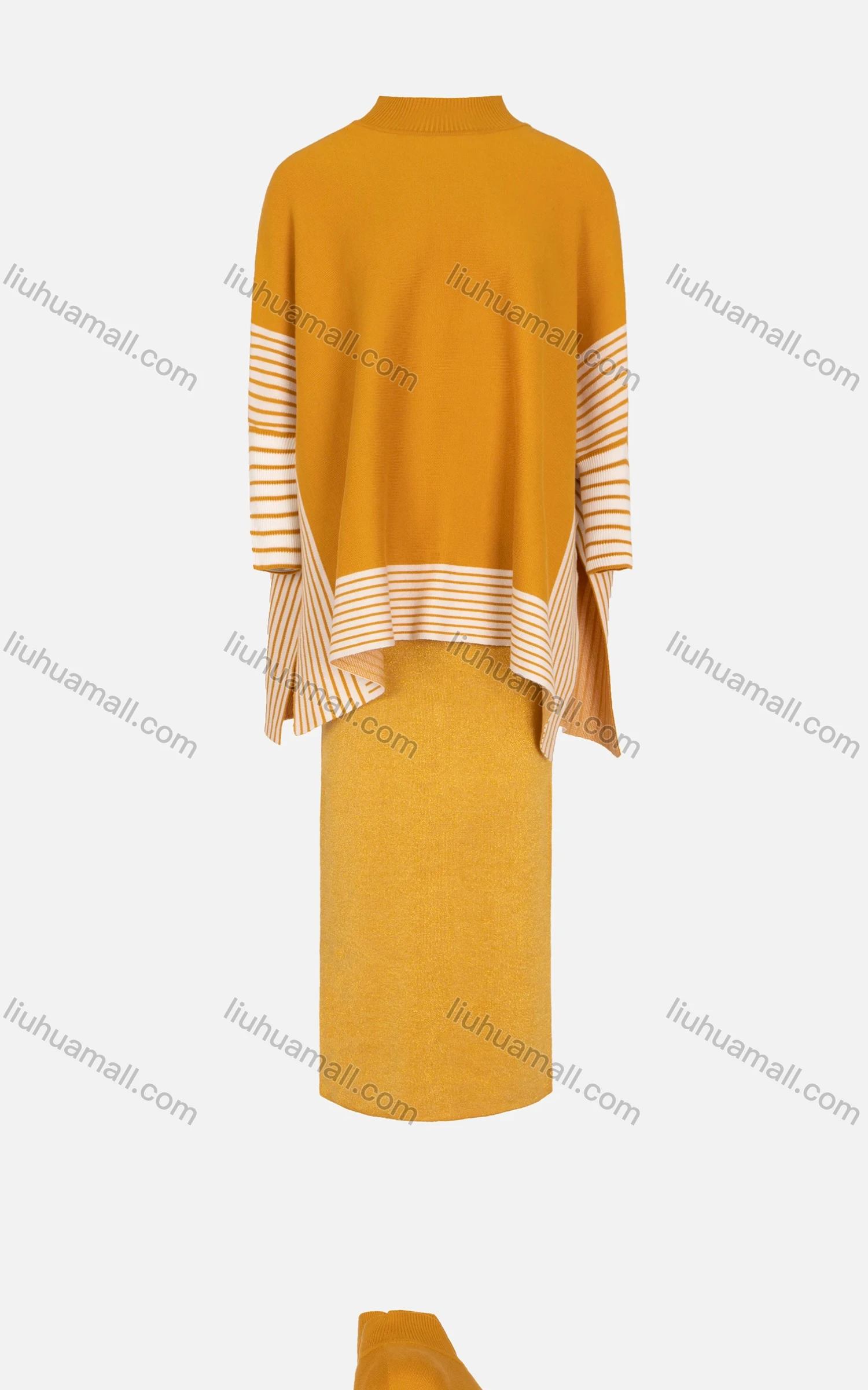 Wholesale Women's Casual Long Sleeve Stand Collar Striped Print Cape & Plain Maxi Skirt 2 Piece Set - Liuhuamall