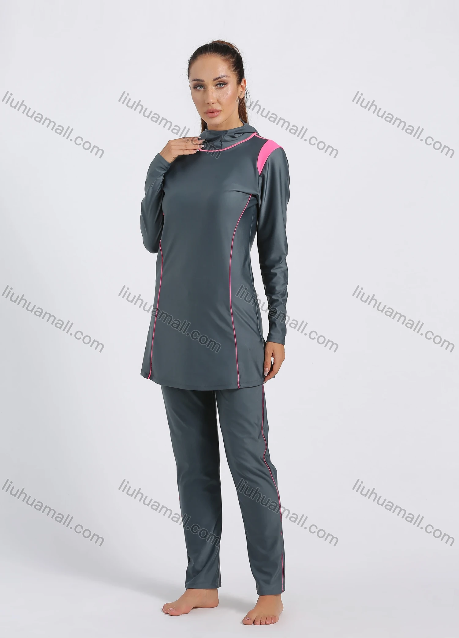 Wholesale Women's Modest Muslim Full Coverage Contrast Burkini Swimsuit With Hijab 2 Piece Set - Liuhuamall