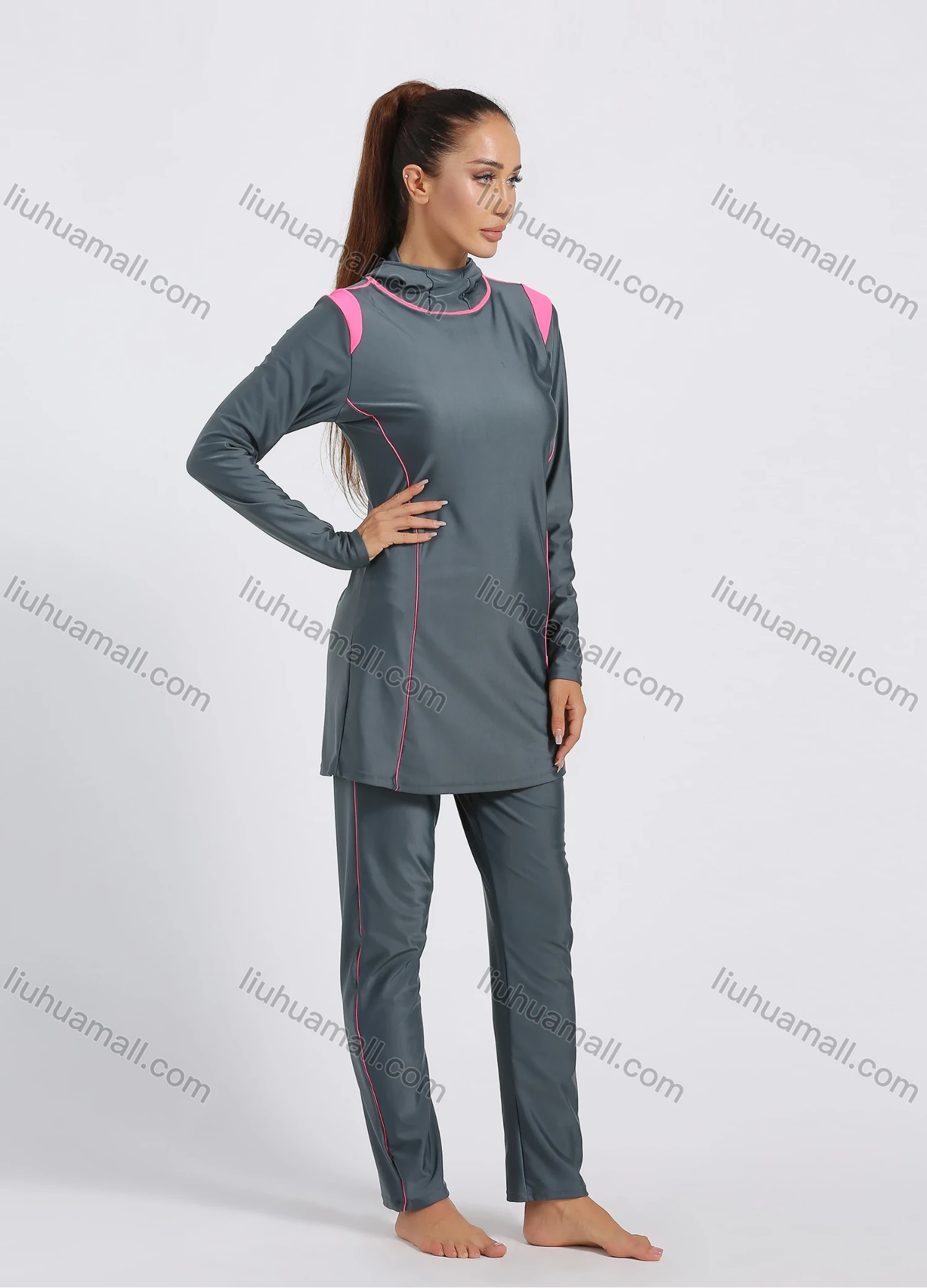 Wholesale Women's Modest Muslim Full Coverage Contrast Burkini Swimsuit With Hijab 2 Piece Set - Liuhuamall