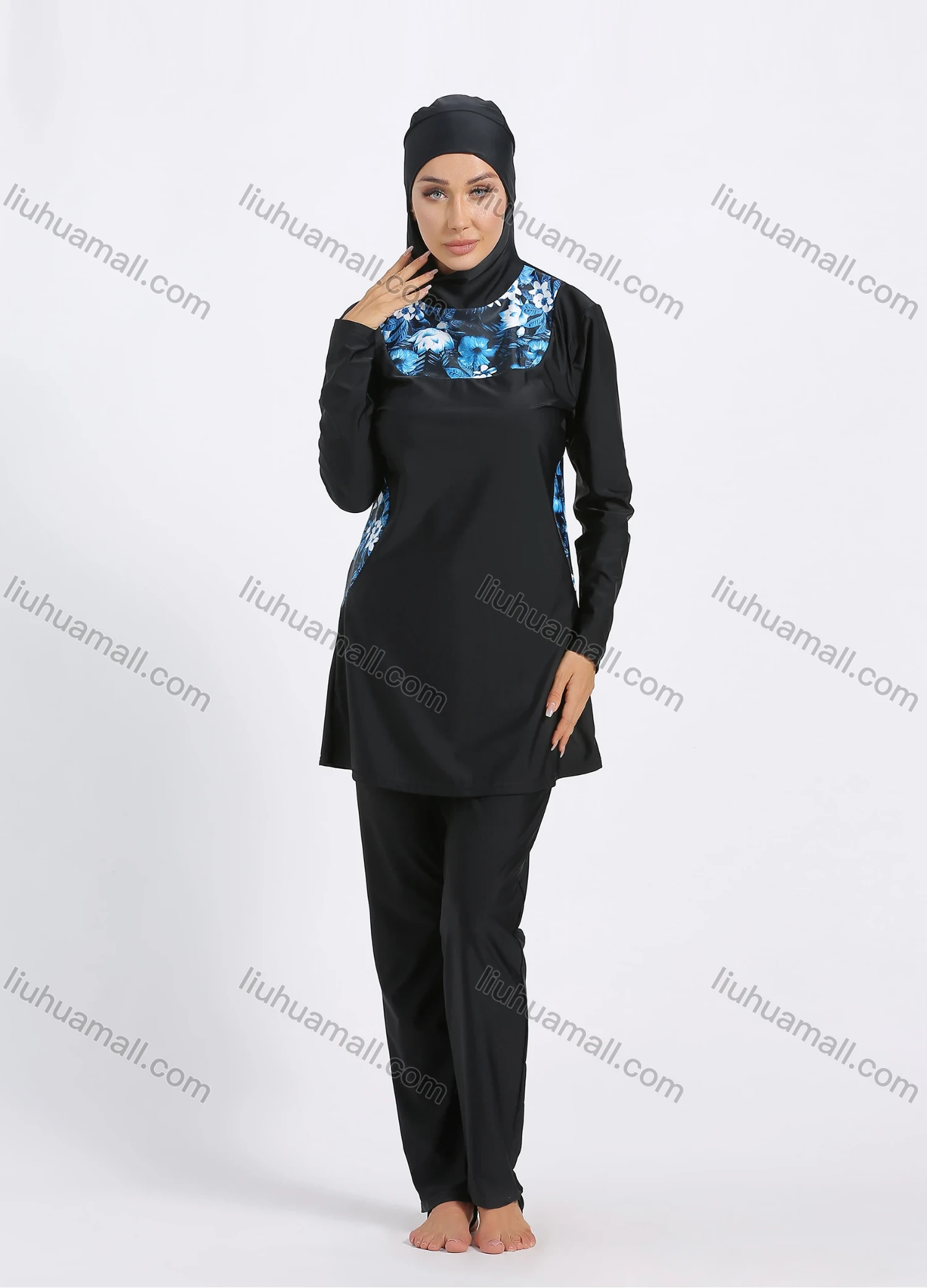 Wholesale Women's Muslim Modest Floral Print Splicing Full Coverage Burkini Swimwear With Hijab 2 Piece Set - Liuhuamall