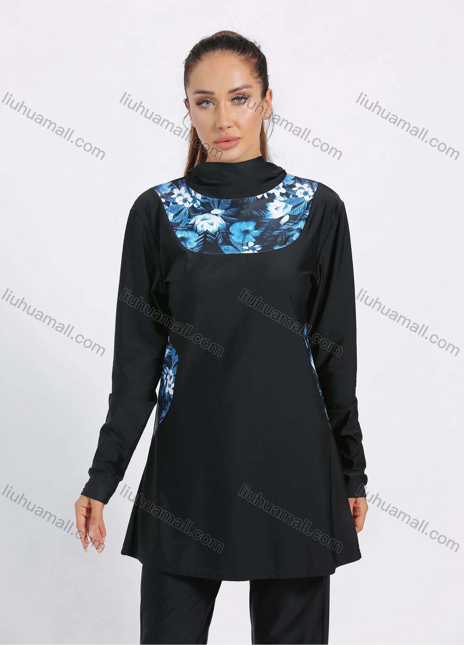Wholesale Women's Muslim Modest Floral Print Splicing Full Coverage Burkini Swimwear With Hijab 2 Piece Set - Liuhuamall