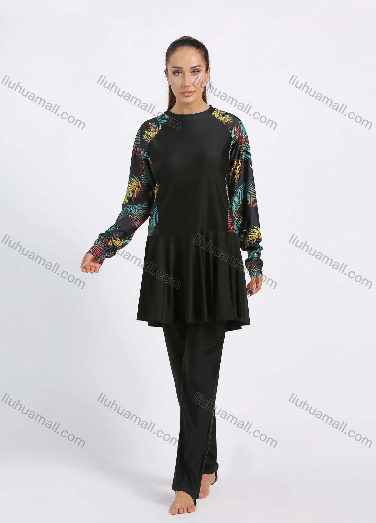 Wholesale Women's Modest Muslim Tropical Print Splicing Peplum Hem Full Coverage Burkini Swimwear With Hijab 2 Piece Set - Liuhuamall