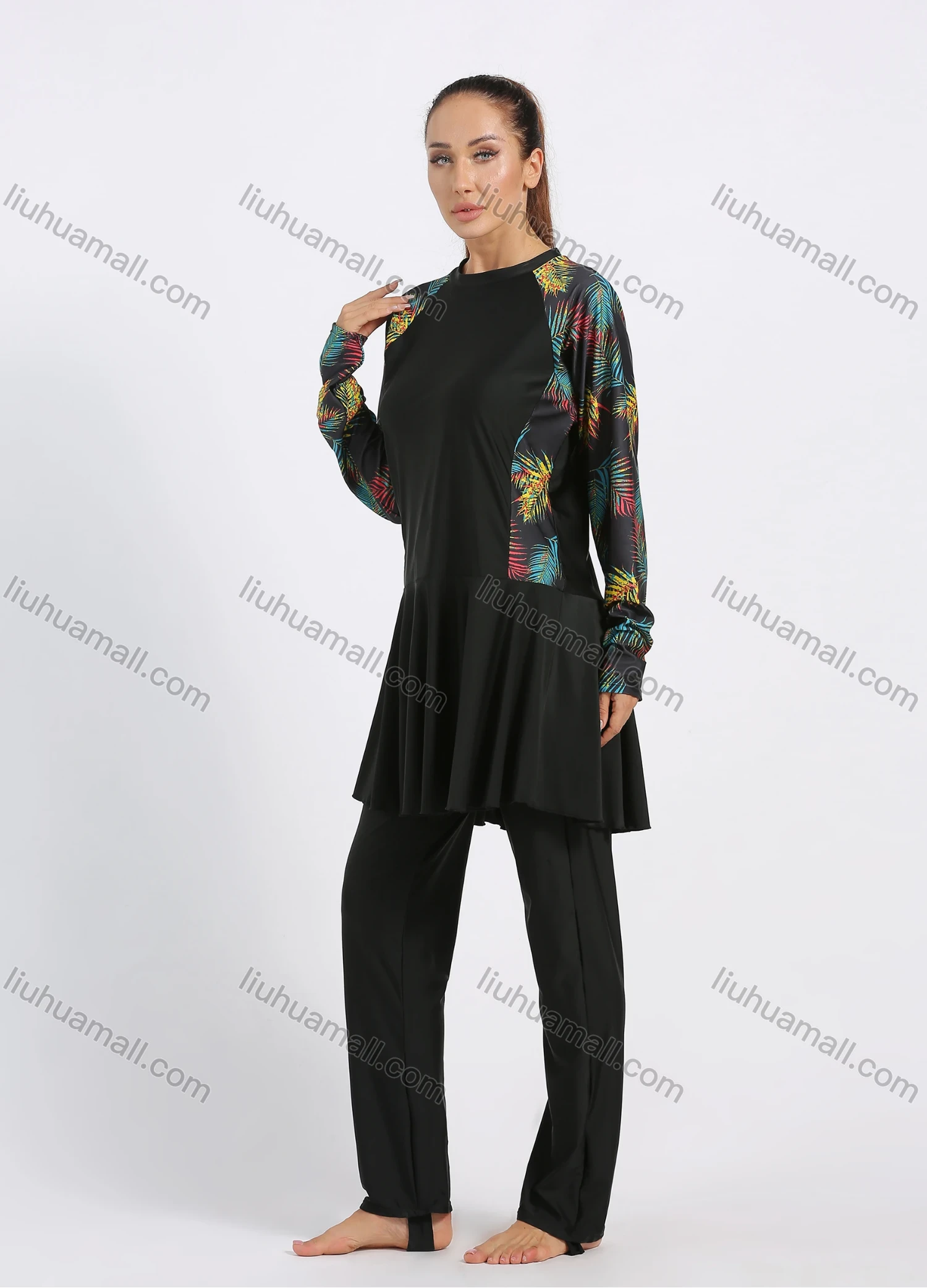 Wholesale Women's Modest Muslim Tropical Print Splicing Peplum Hem Full Coverage Burkini Swimwear With Hijab 2 Piece Set - Liuhuamall