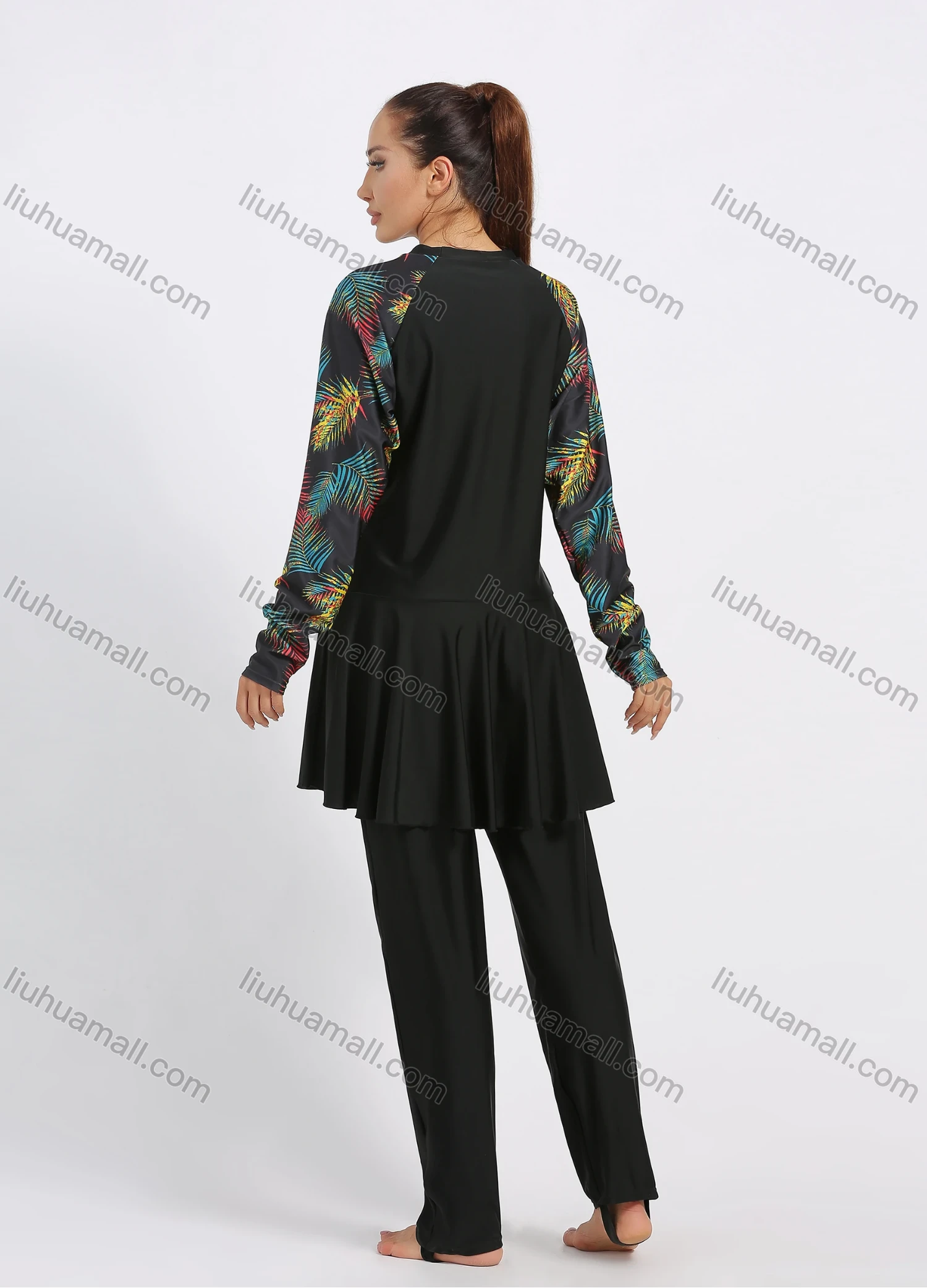 Wholesale Women's Modest Muslim Tropical Print Splicing Peplum Hem Full Coverage Burkini Swimwear With Hijab 2 Piece Set - Liuhuamall