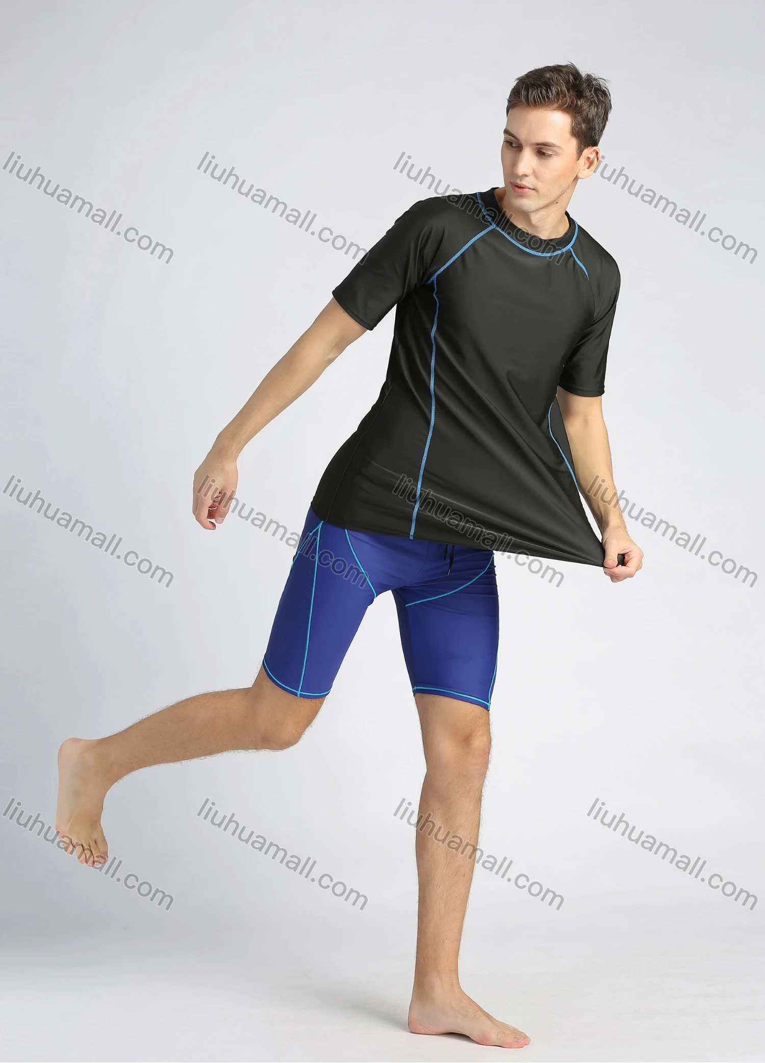 Wholesale Men's Round Neck Short Sleeve Contrast Color 2 Piece Swimsuit Set - Liuhuamall