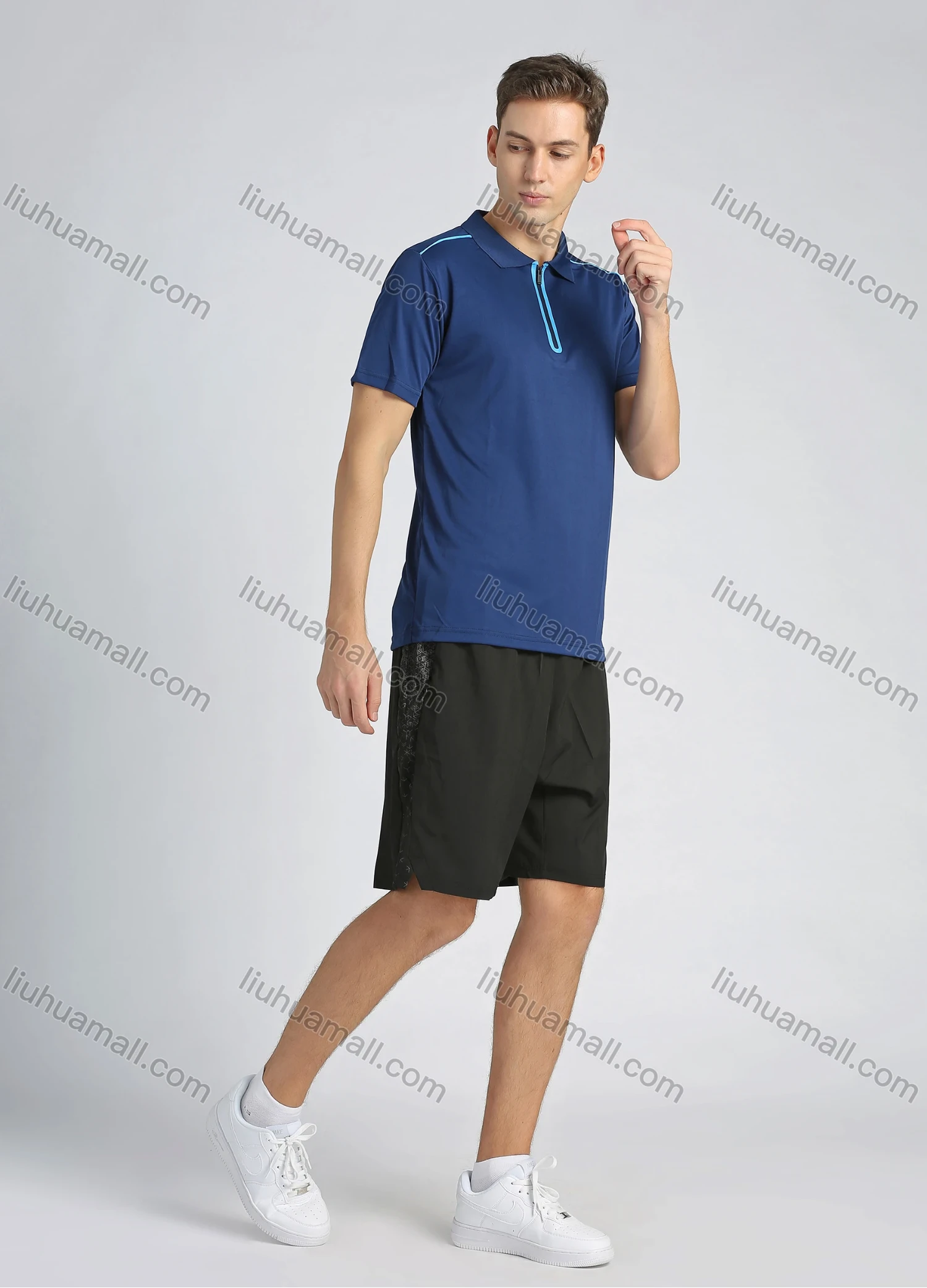Wholesale Men's Sporty Contrast Color Short Sleeve Quick-dry Breathable Athletic Quarter Zip Polo Shirt - Liuhuamall