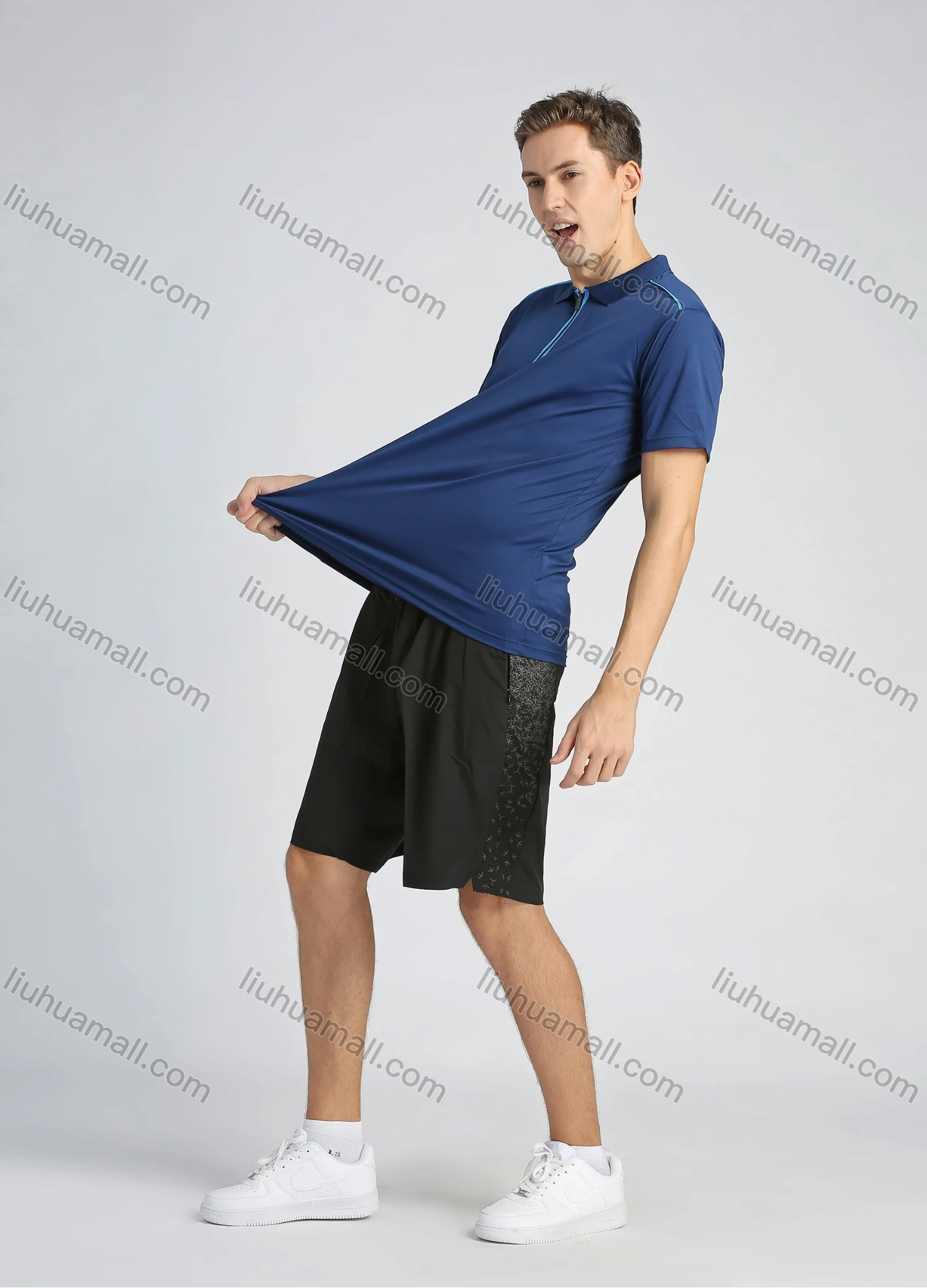 Wholesale Men's Sporty Contrast Color Short Sleeve Quick-dry Breathable Athletic Quarter Zip Polo Shirt - Liuhuamall